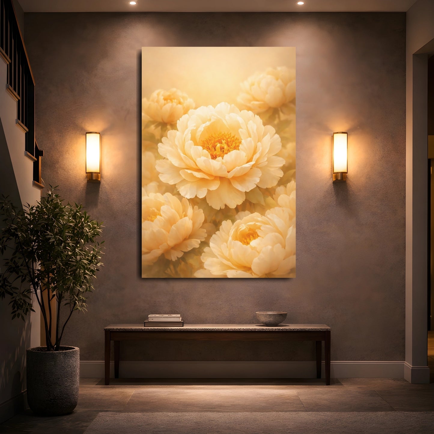 Floral Peonies Cream Peonies shown as front canvas room wall art