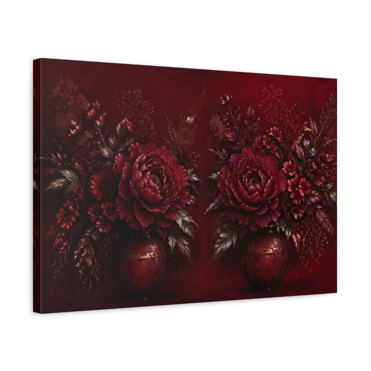 Side Mockup 3. Floral Peonies Deep Red And Gold shown as stretched canvas wall art
