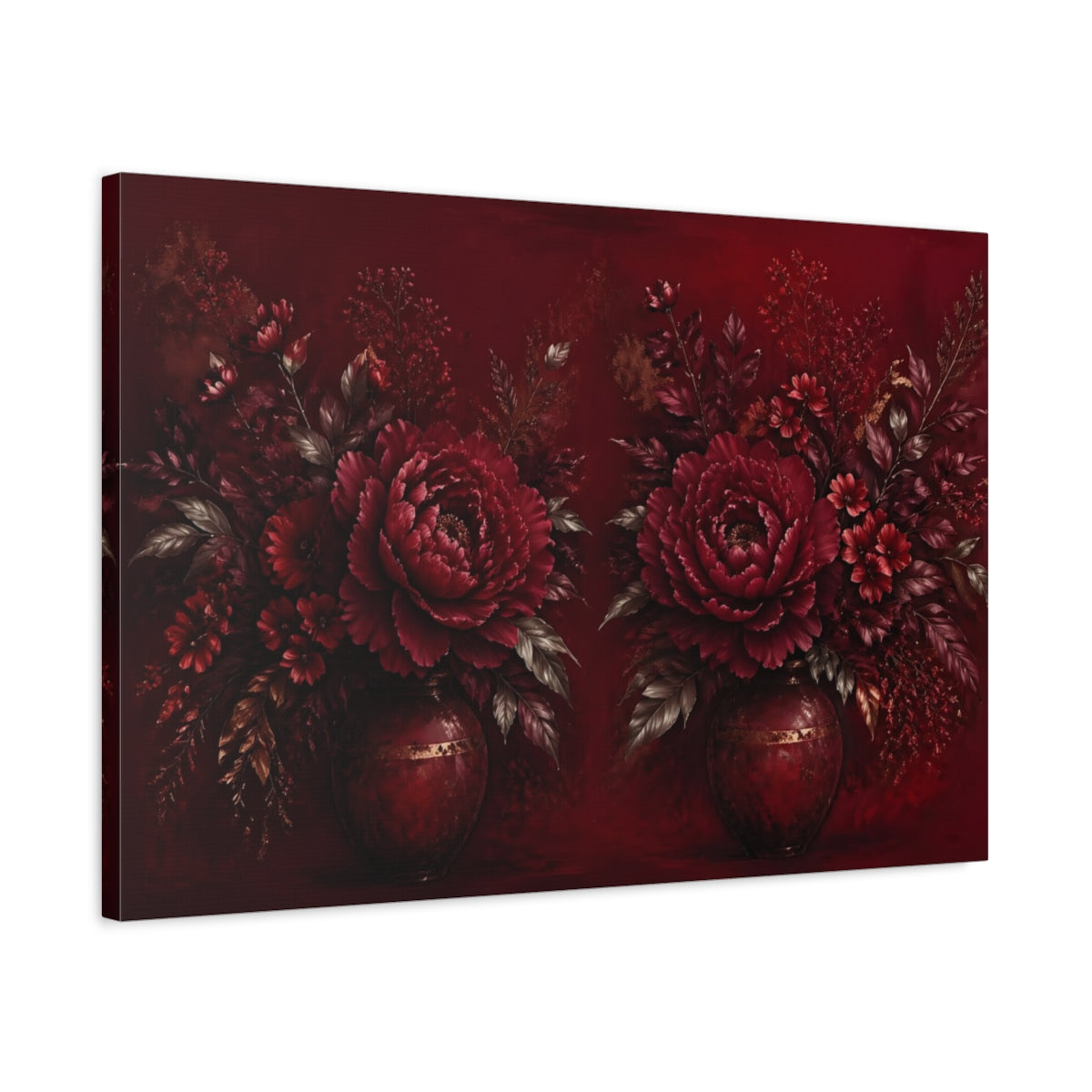 Side Mockup 2. Floral Peonies Deep Red And Gold shown as stretched canvas wall art