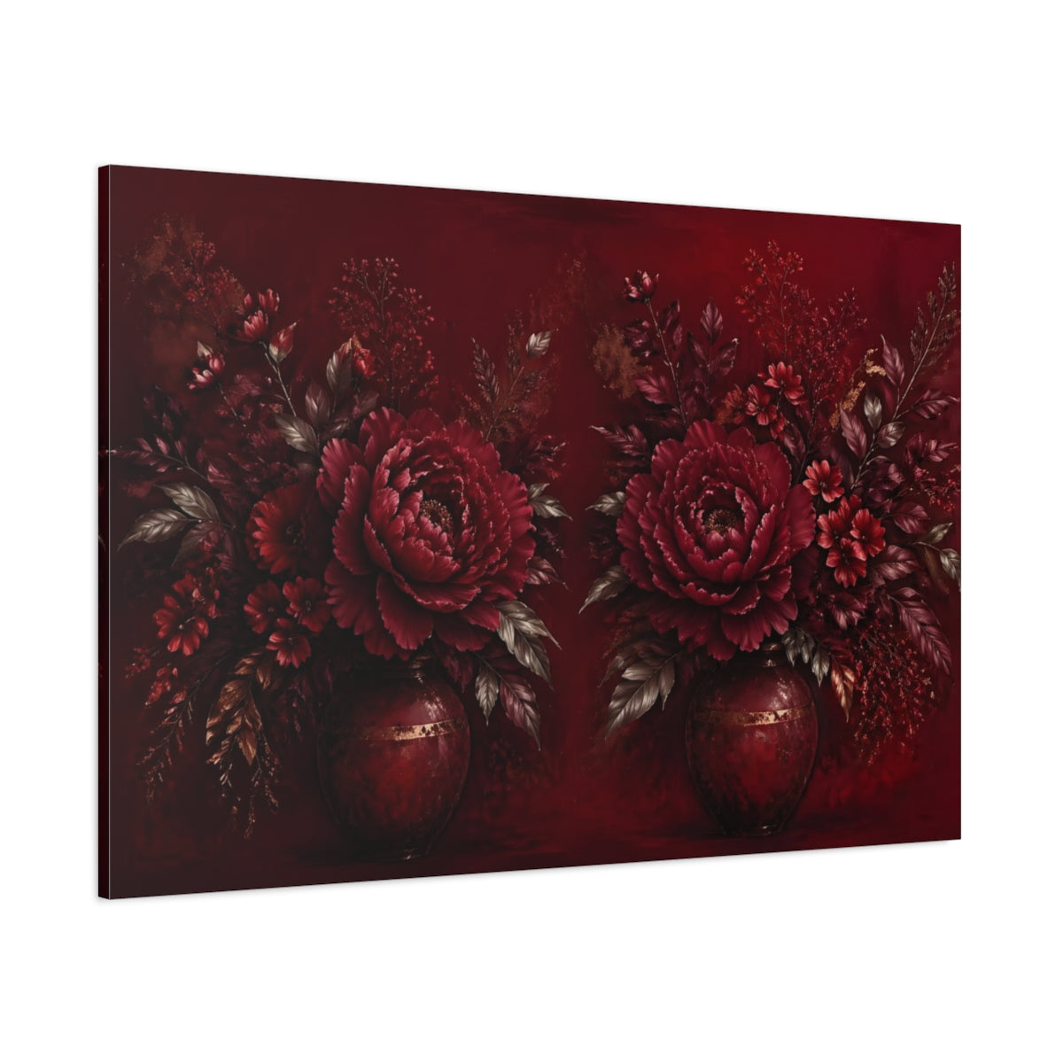 Side Mockup 1. Floral Peonies Deep Red And Gold shown as stretched canvas wall art
