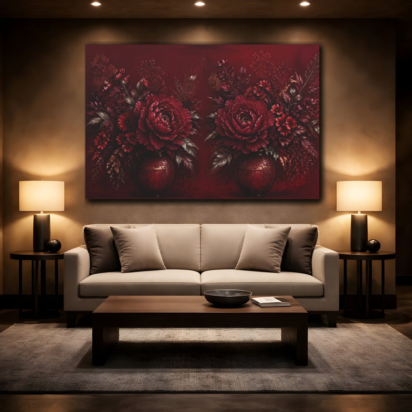 Mockup 2. Floral Peonies Deep Red And Gold shown as stretched canvas wall art