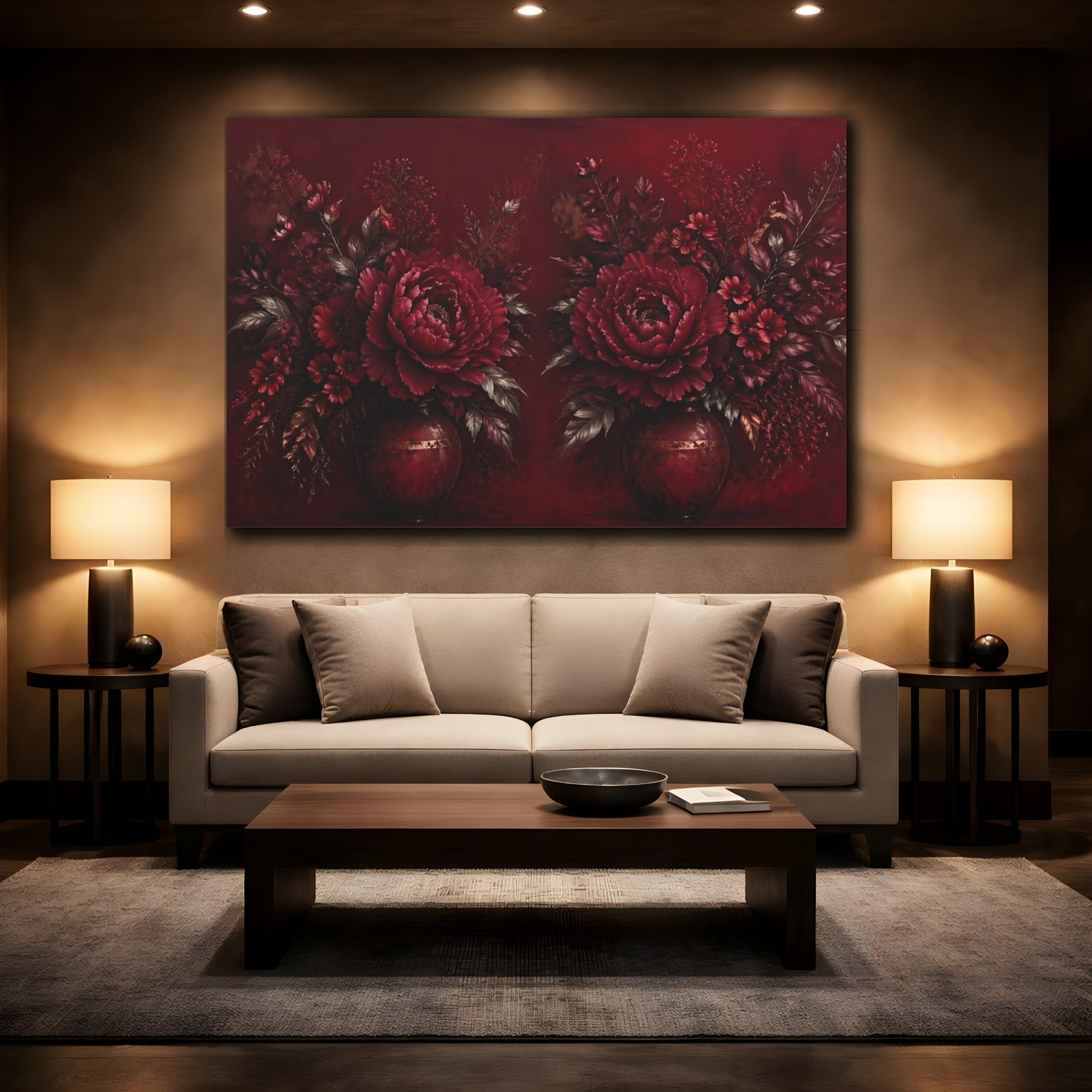Mockup 2. Floral Peonies Deep Red And Gold shown as stretched canvas wall art