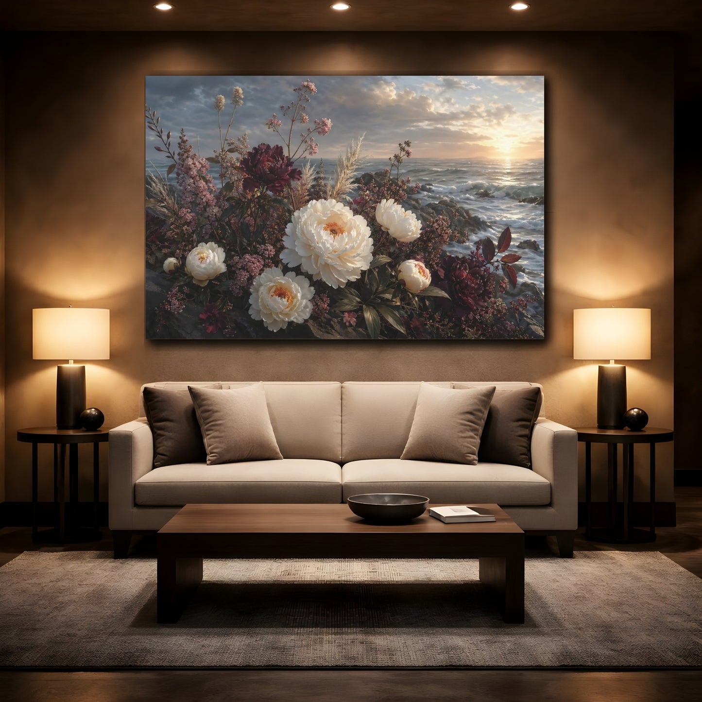 Mockup 2. Floral Peonies Floral Ocean Landscape shown as stretched canvas wall art