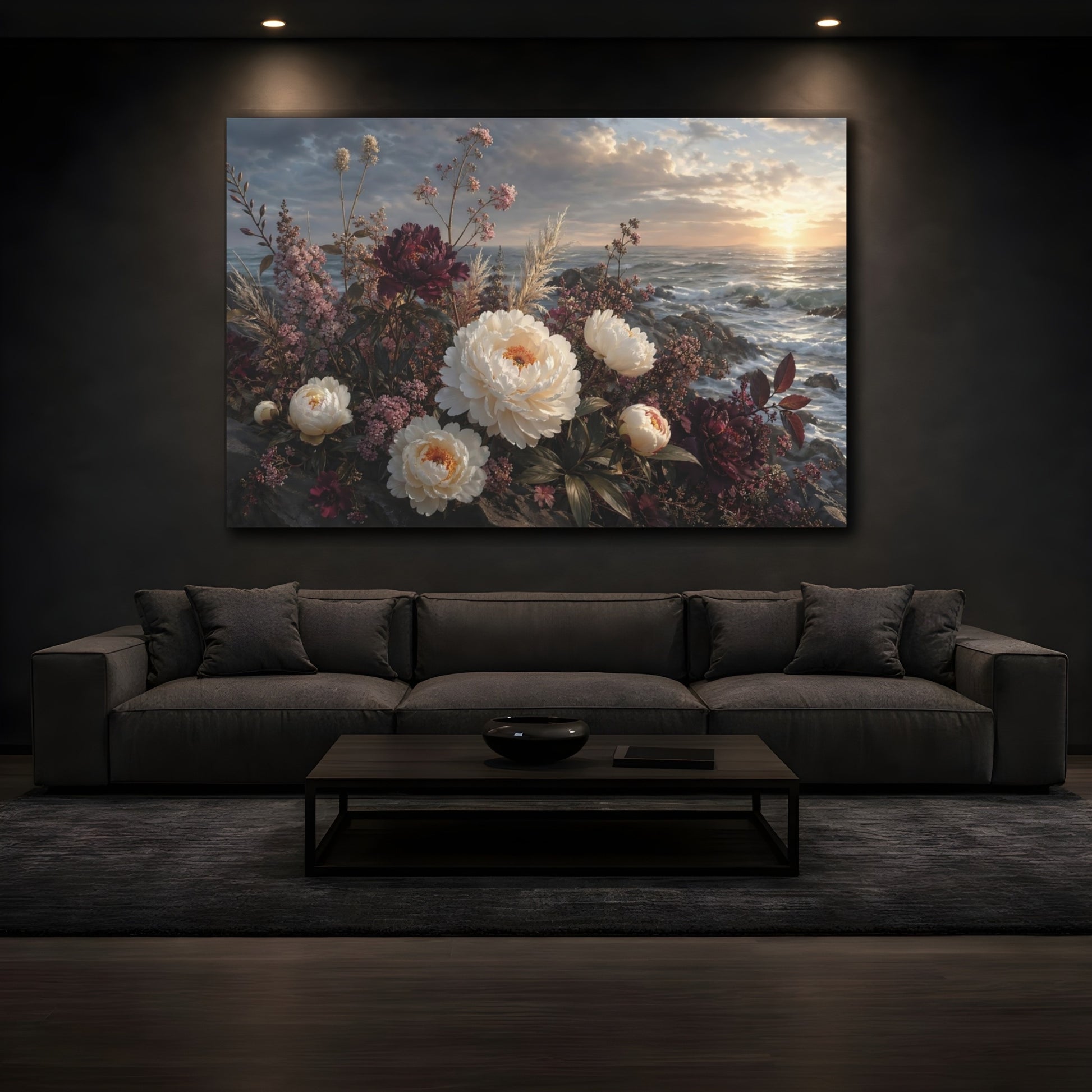 Mockup 3. Floral Peonies Floral Ocean Landscape shown as stretched canvas wall art