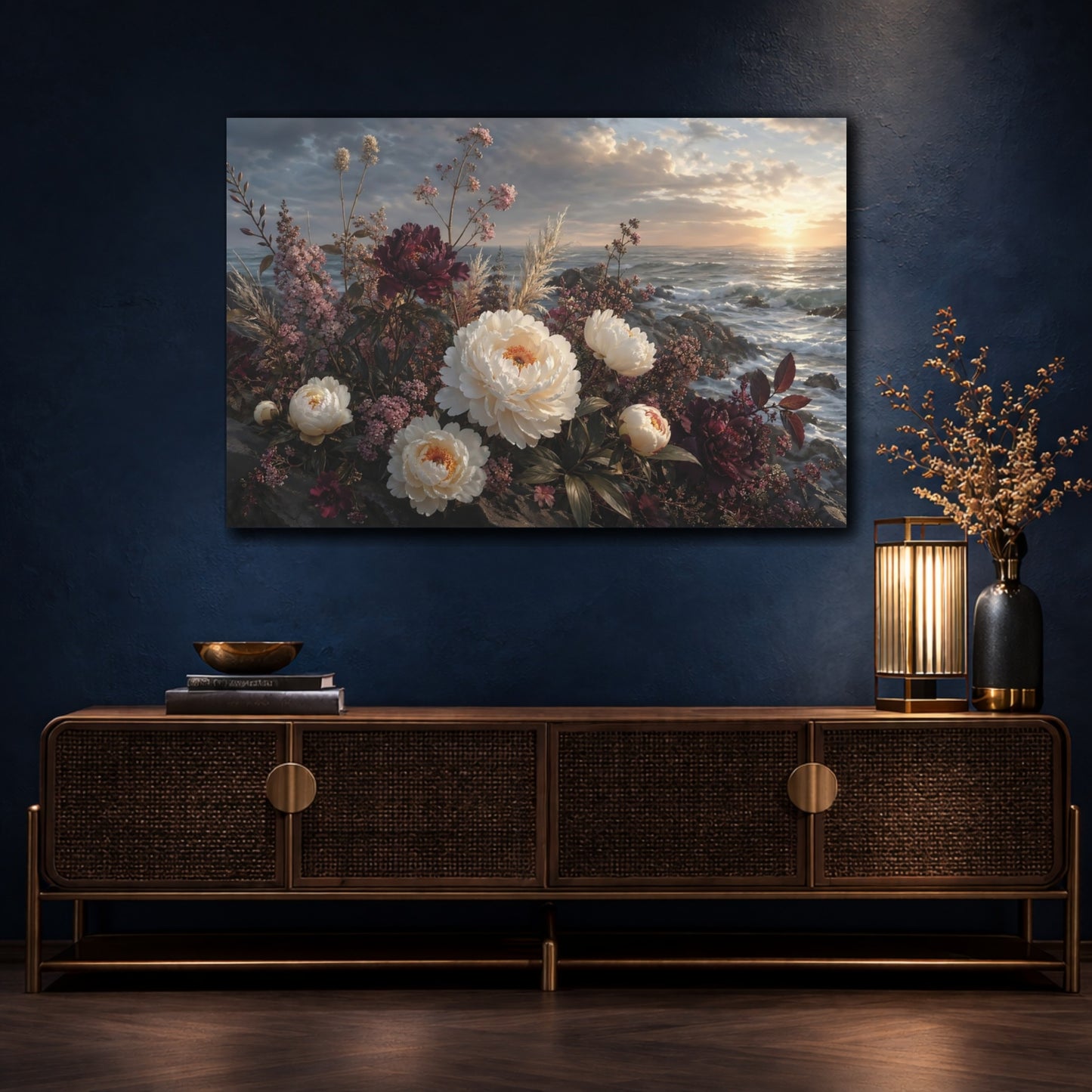 Mockup 4. Floral Peonies Floral Ocean Landscape shown as stretched canvas wall art
