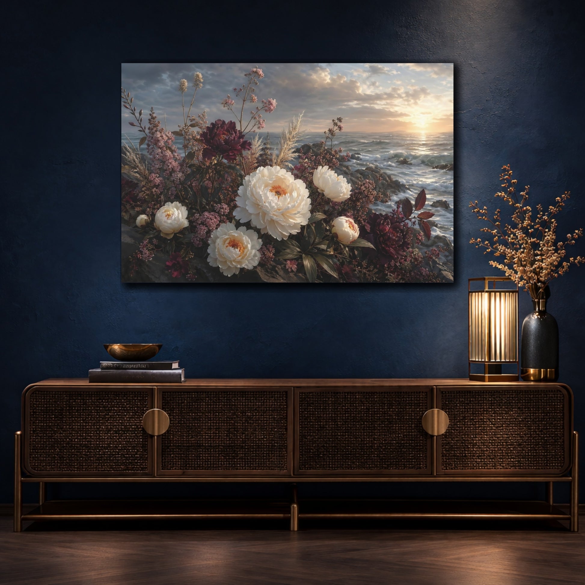 Mockup 4. Floral Peonies Floral Ocean Landscape shown as stretched canvas wall art