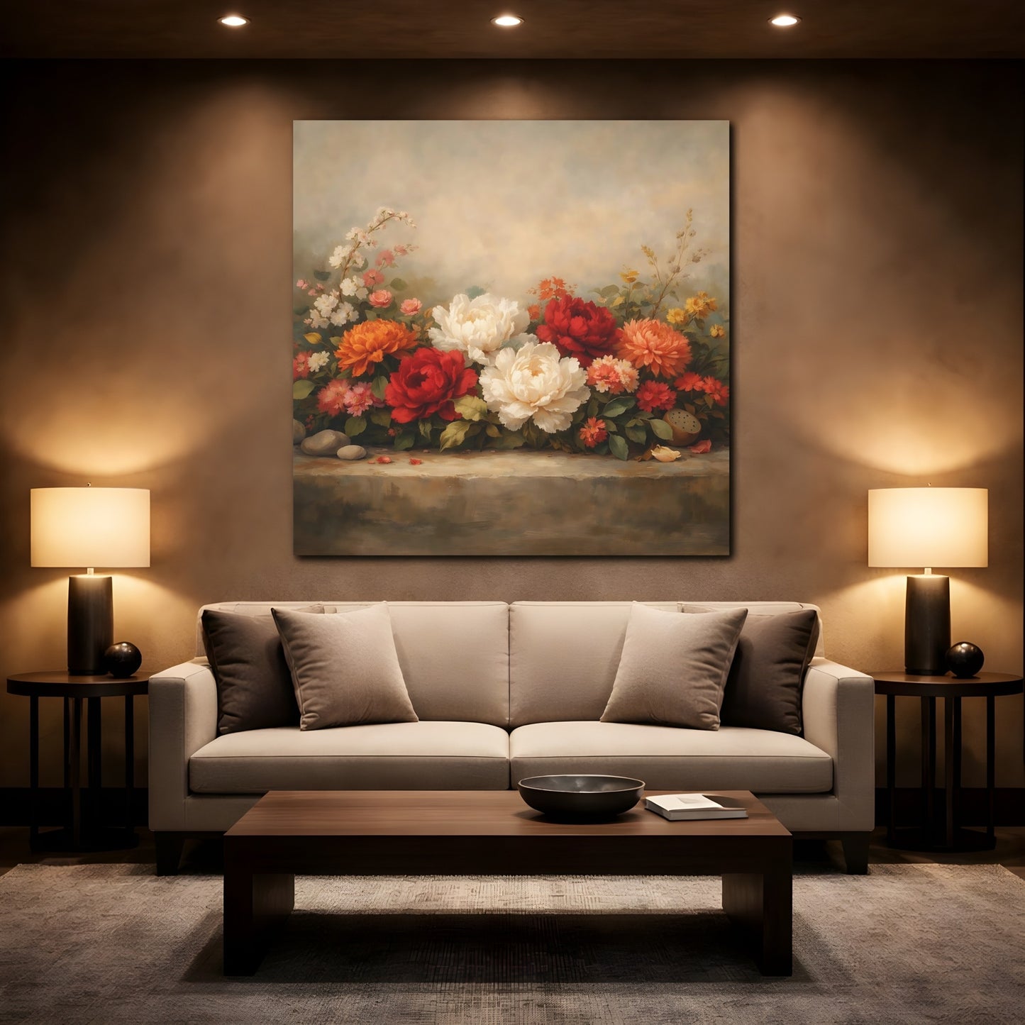 Mockup 2. Floral Peonies Floral Still Life shown as stretched canvas wall art