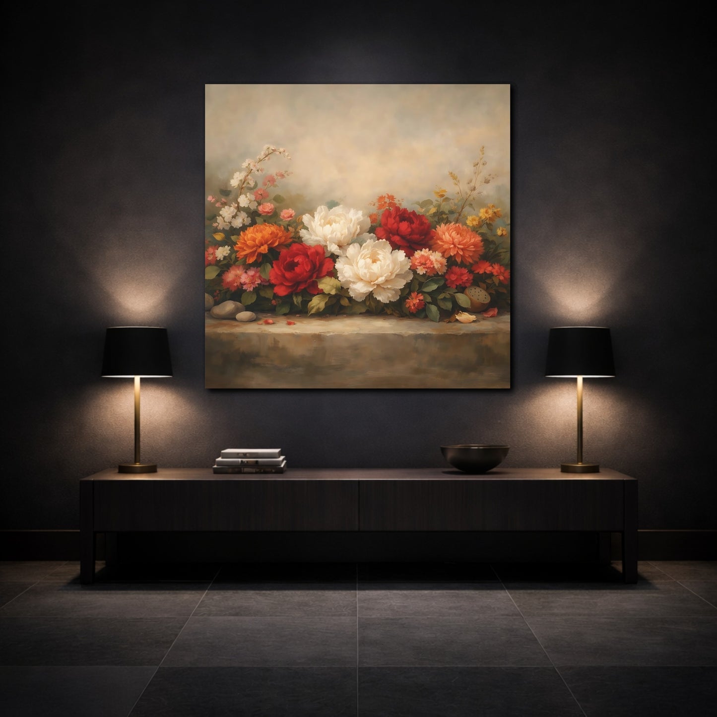Mockup 3. Floral Peonies Floral Still Life shown as stretched canvas wall art