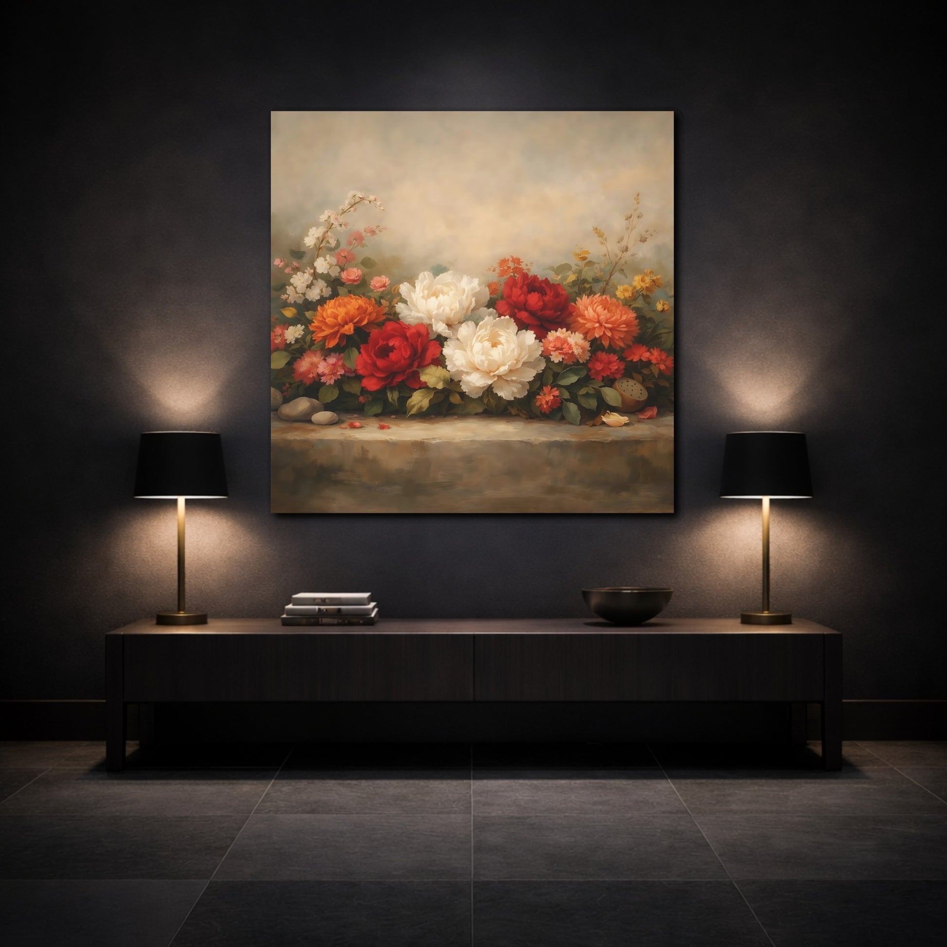Mockup 3. Floral Peonies Floral Still Life shown as stretched canvas wall art