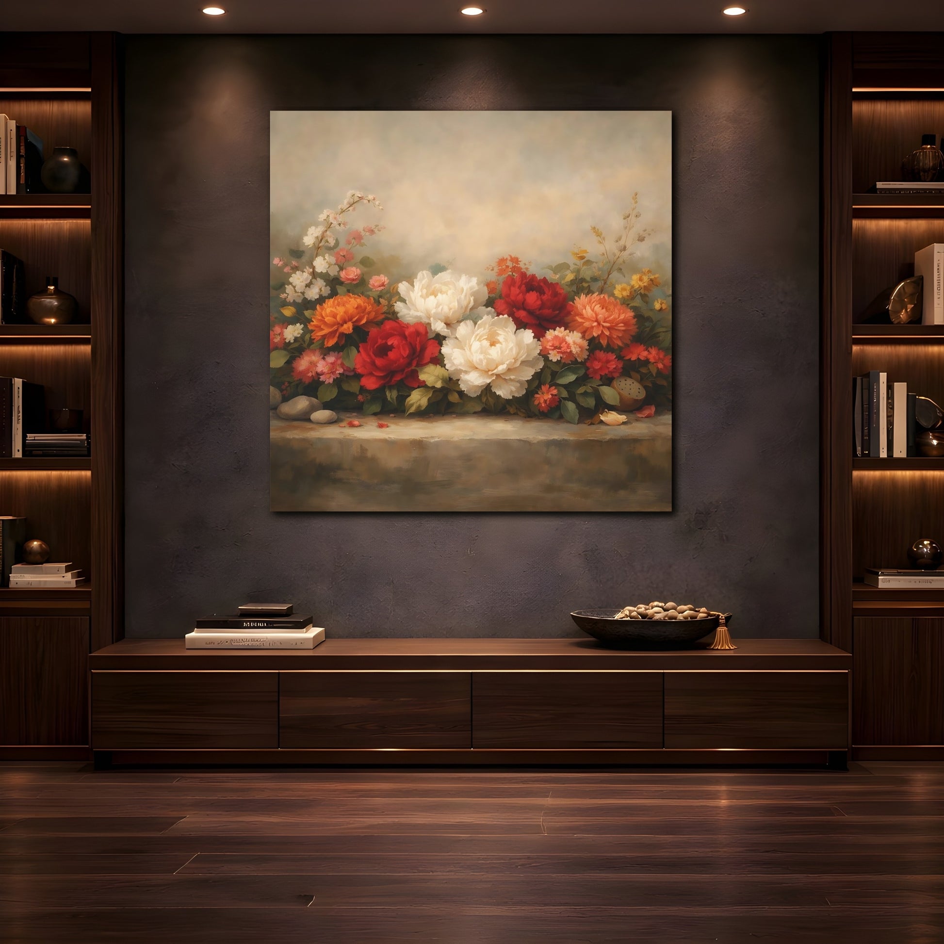 Mockup 4. Floral Peonies Floral Still Life shown as stretched canvas wall art