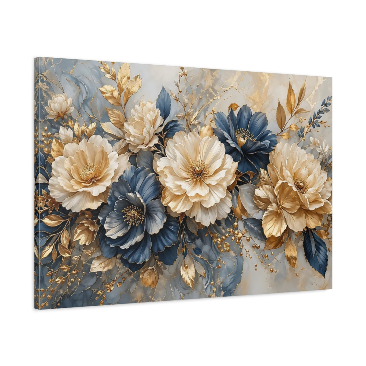 Main Mockup. Floral Peonies Gold And Blue shown as stretched canvas wall art