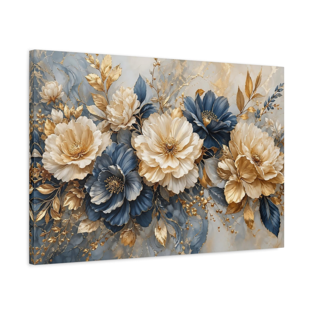 Side Mockup 2. Floral Peonies Gold And Blue shown as stretched canvas wall art
