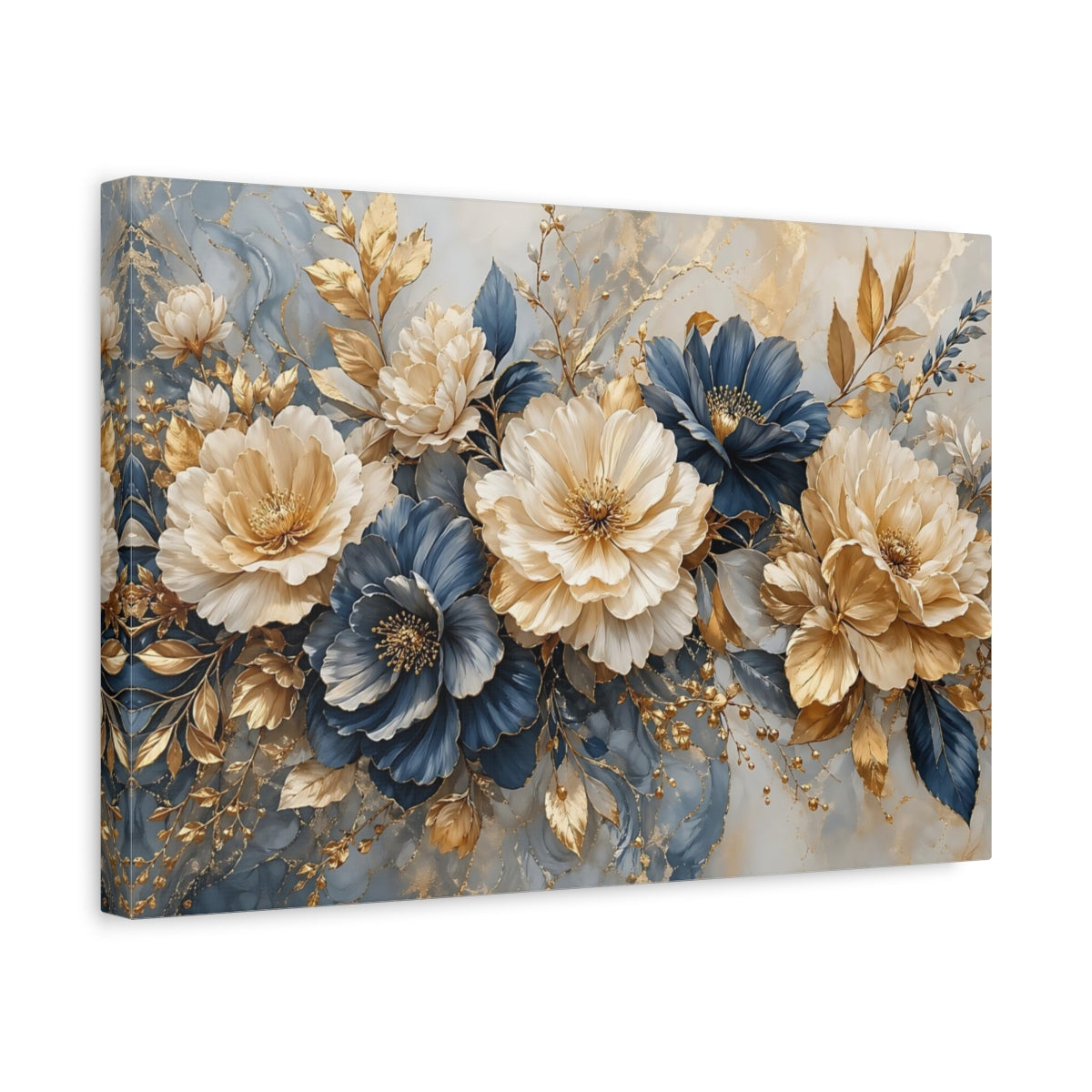 Side Mockup 4. Floral Peonies Gold And Blue shown as stretched canvas wall art