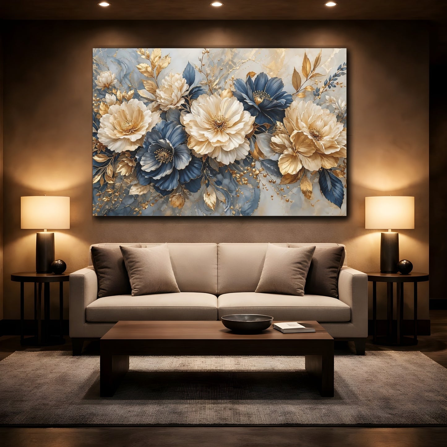 Mockup 2. Floral Peonies Gold And Blue shown as stretched canvas wall art