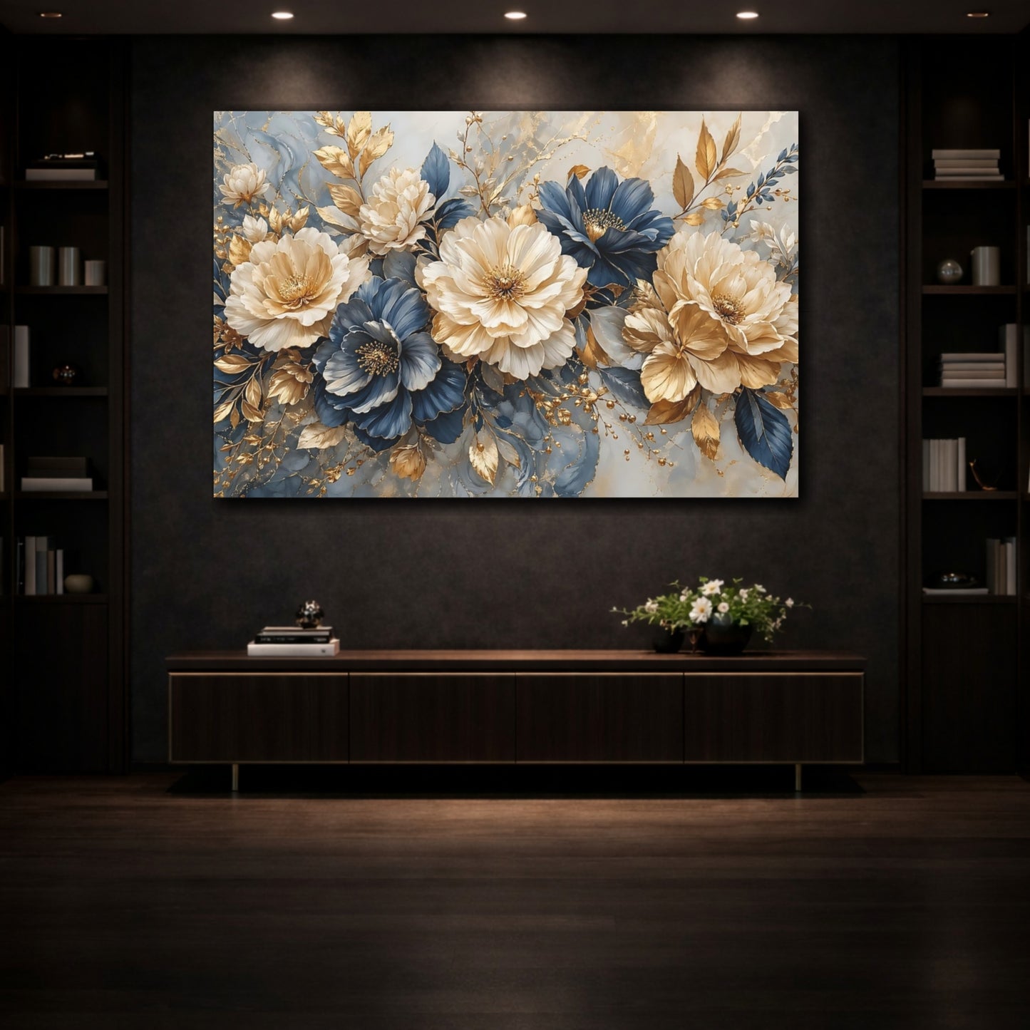 Mockup 3. Floral Peonies Gold And Blue shown as stretched canvas wall art