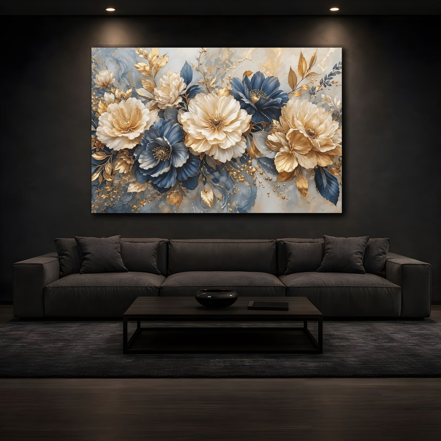 Mockup 4. Floral Peonies Gold And Blue shown as stretched canvas wall art