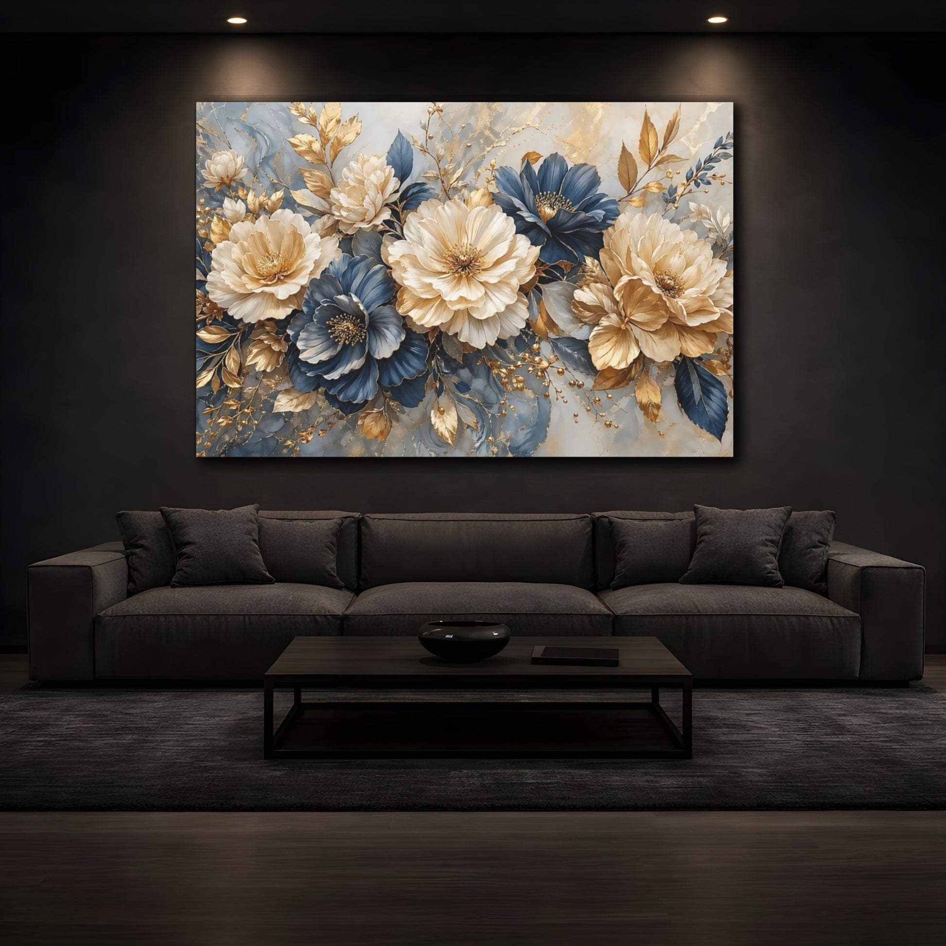 Mockup 4. Floral Peonies Gold And Blue shown as stretched canvas wall art
