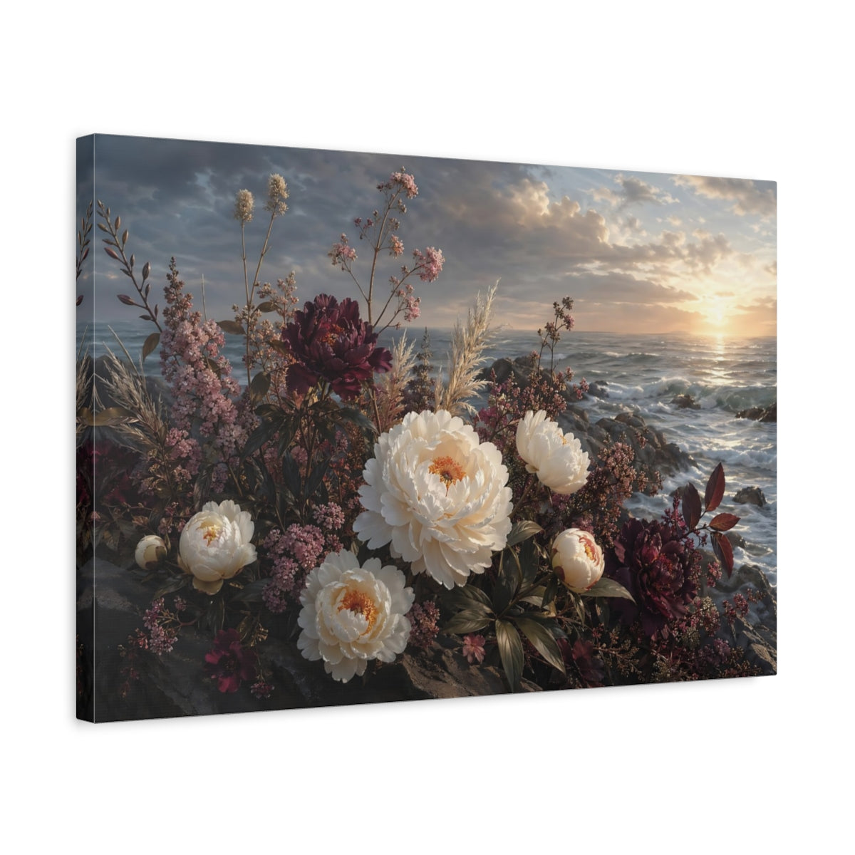 Side Mockup 3. Floral Peonies Floral Ocean Landscape shown as stretched canvas wall art