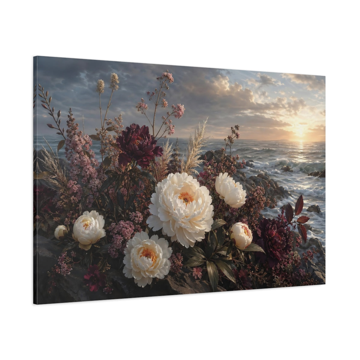 Side Mockup 1. Floral Peonies Floral Ocean Landscape shown as stretched canvas wall art