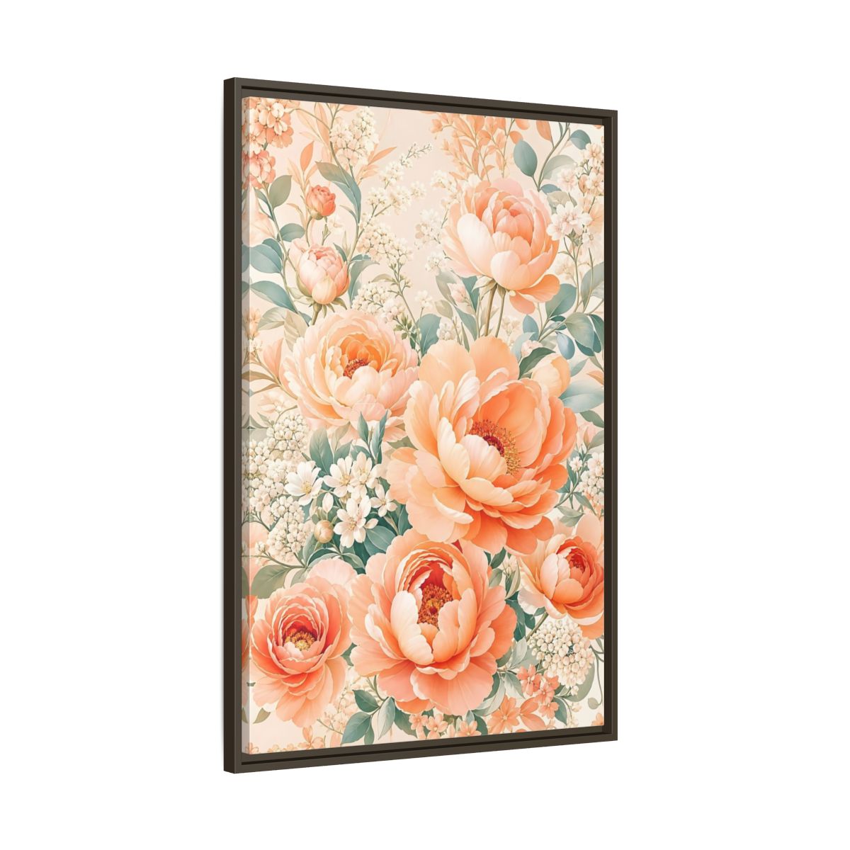 Main Mockup. Floral Peonies Peach Floral shown as framed canvas print