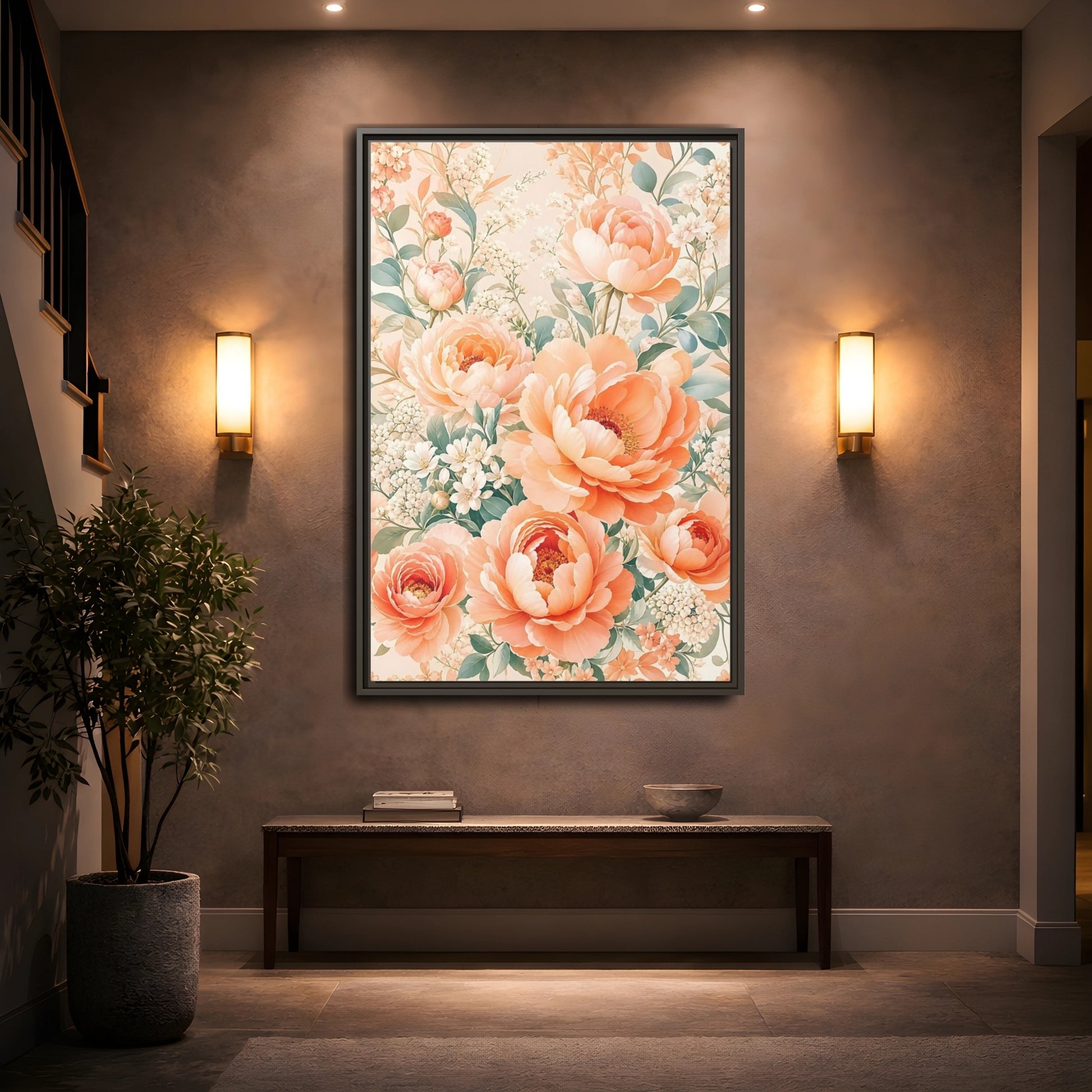 Mockup 2. Floral Peonies Peach Floral shown as framed canvas print