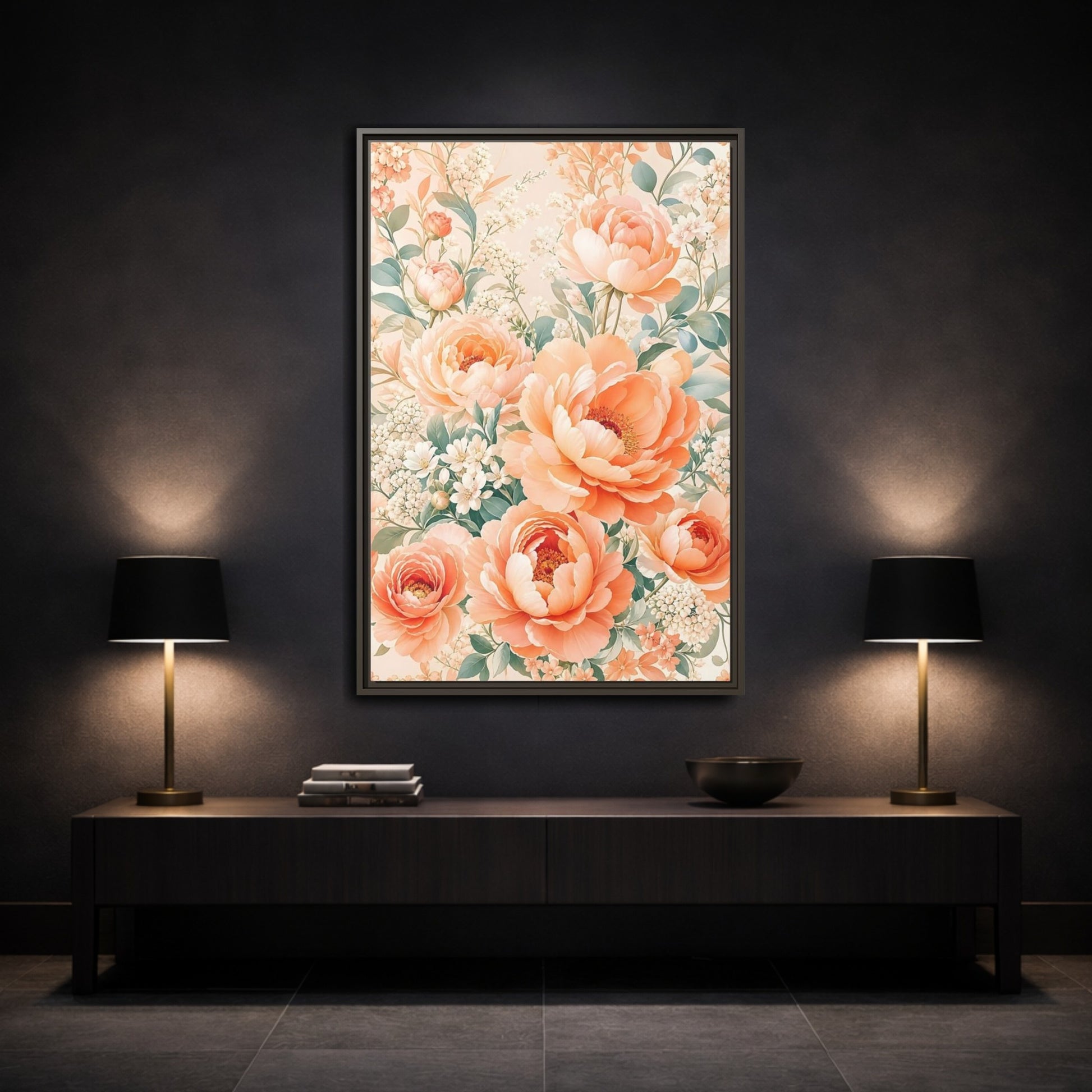 Mockup 3. Floral Peonies Peach Floral shown as framed canvas print