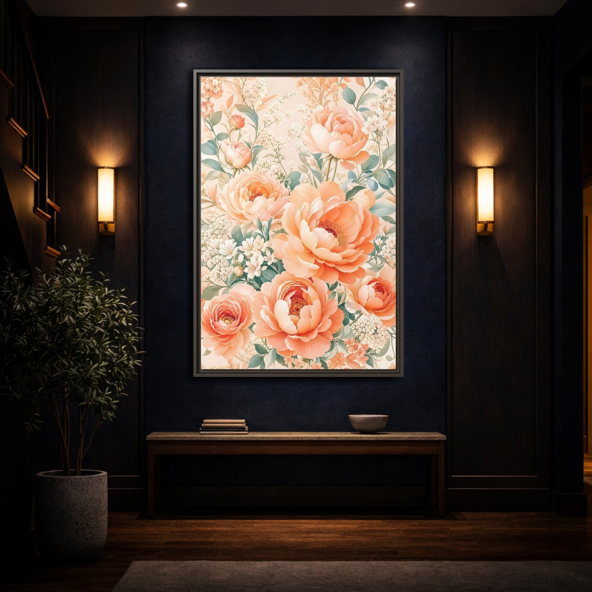 Mockup 4. Floral Peonies Peach Floral shown as framed canvas print