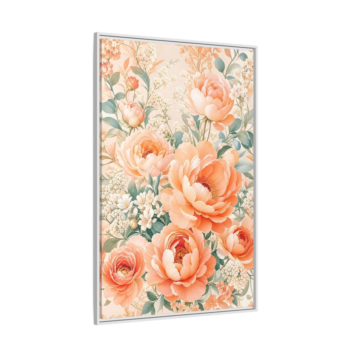 Side Mockup 7. Floral Peonies Peach Floral shown as framed canvas print
