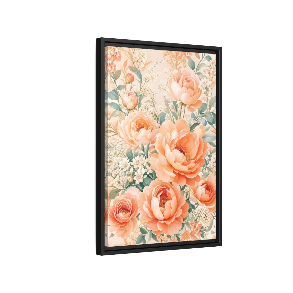 Side Mockup 3. Floral Peonies Peach Floral shown as framed canvas print