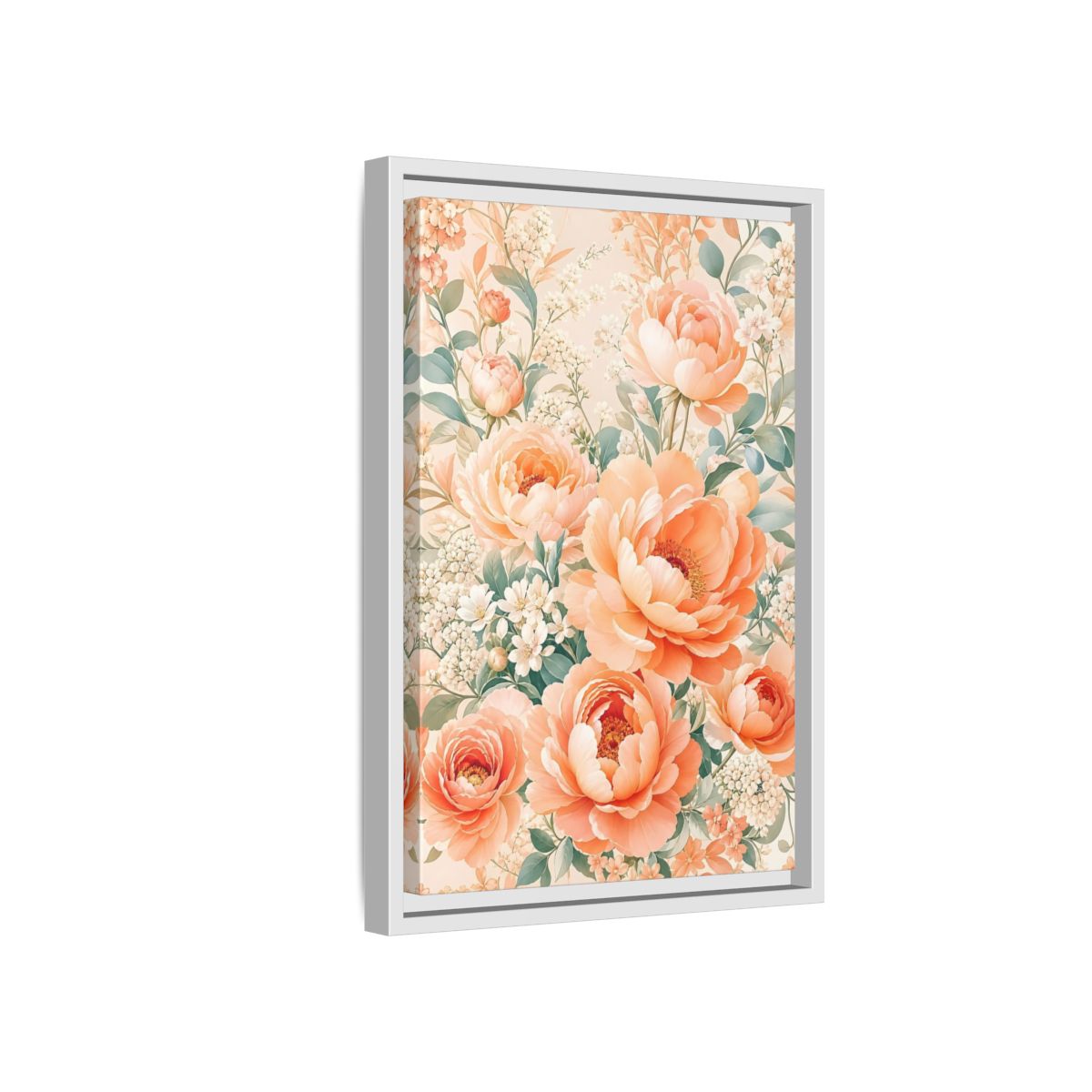Side Mockup 4. Floral Peonies Peach Floral shown as framed canvas print