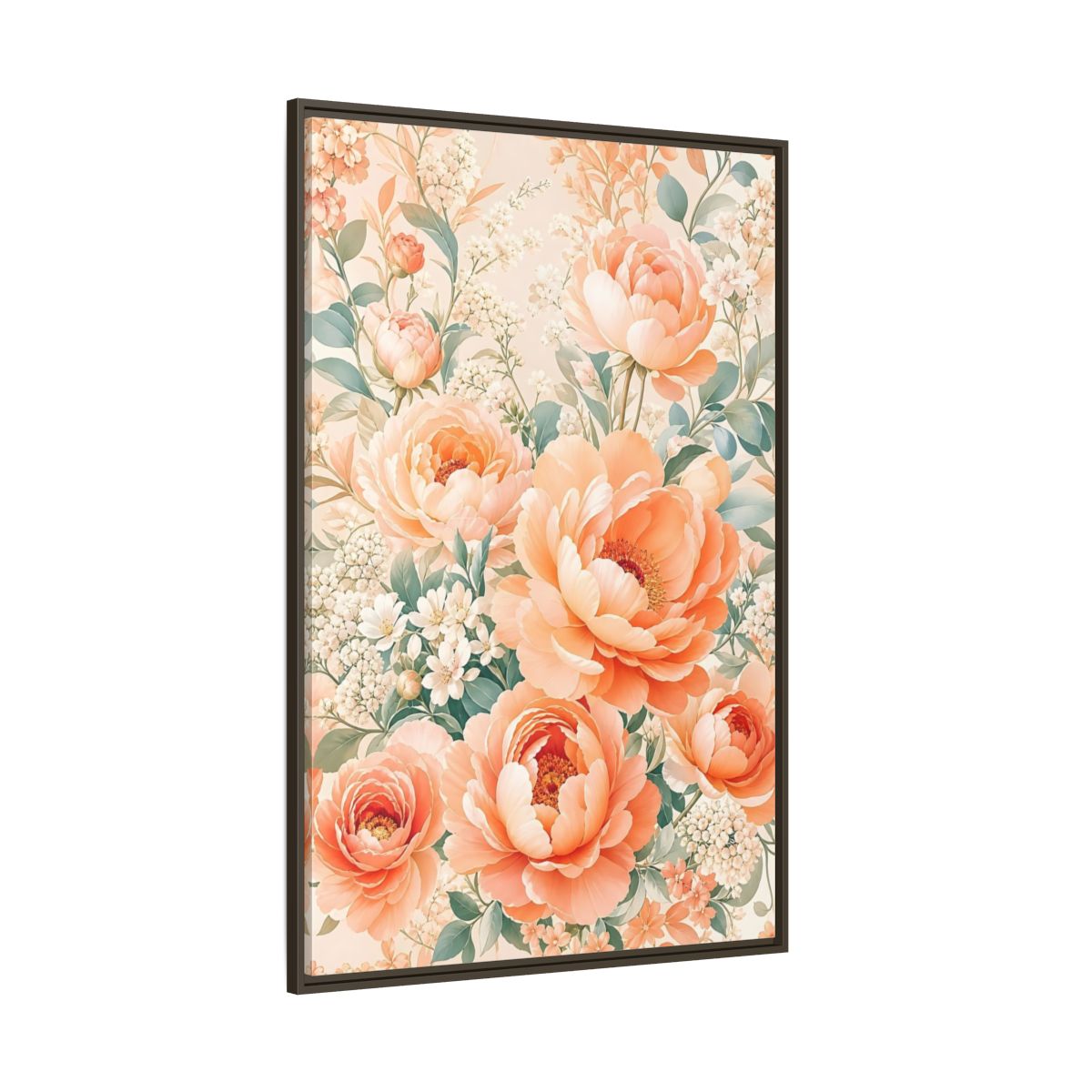 Side Mockup 8. Floral Peonies Peach Floral shown as framed canvas print