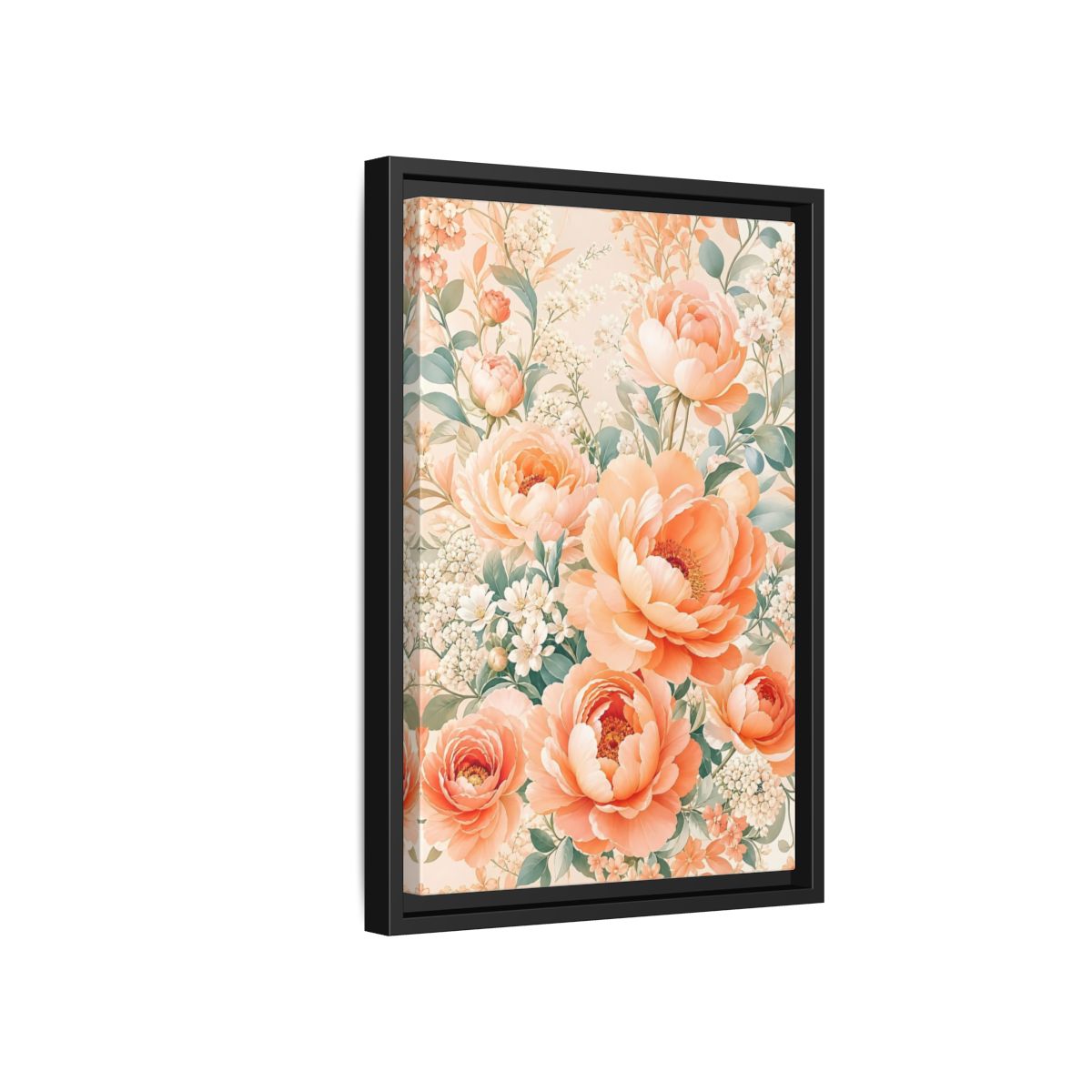 Side Mockup 6. Floral Peonies Peach Floral shown as framed canvas print