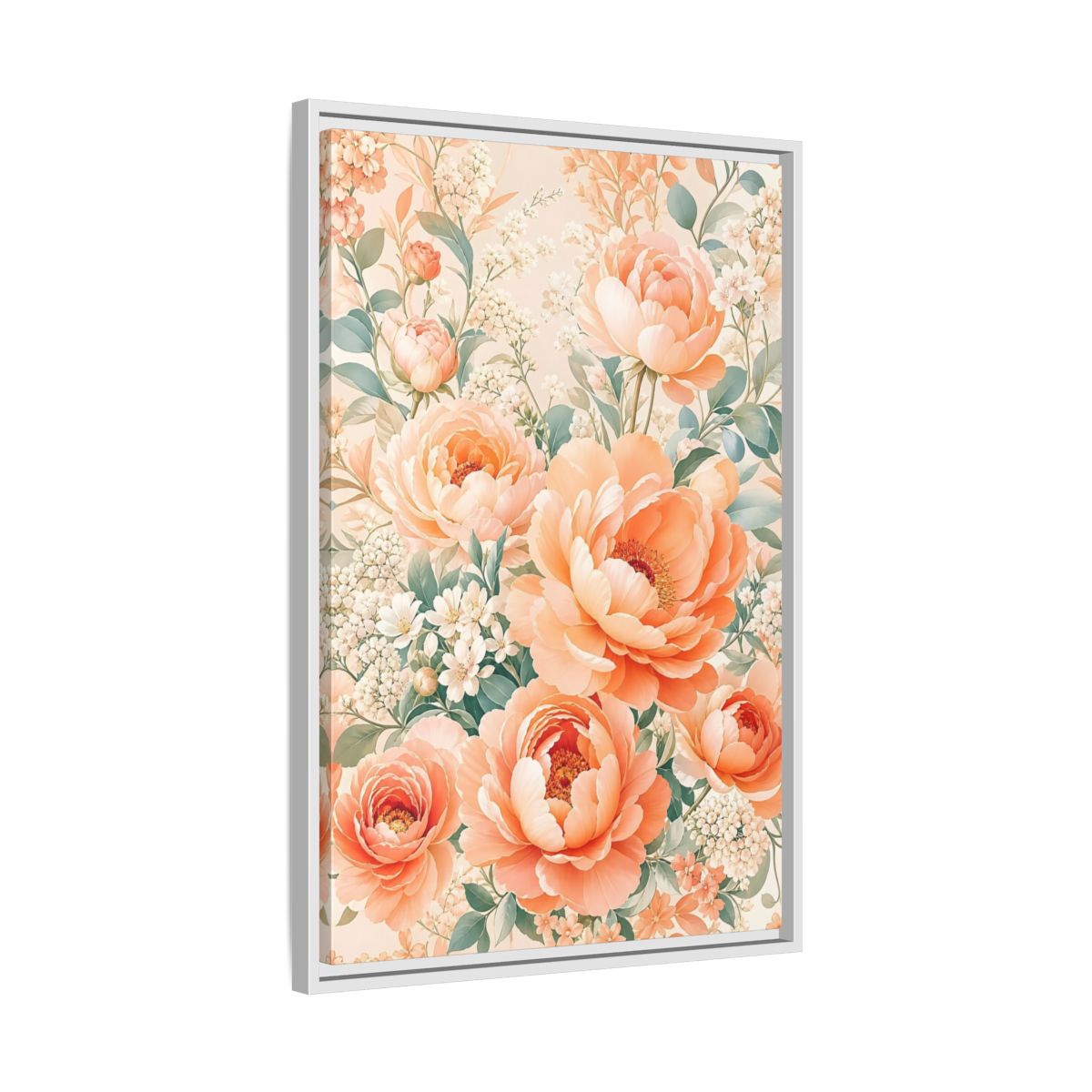 Side Mockup 10. Floral Peonies Peach Floral shown as framed canvas print