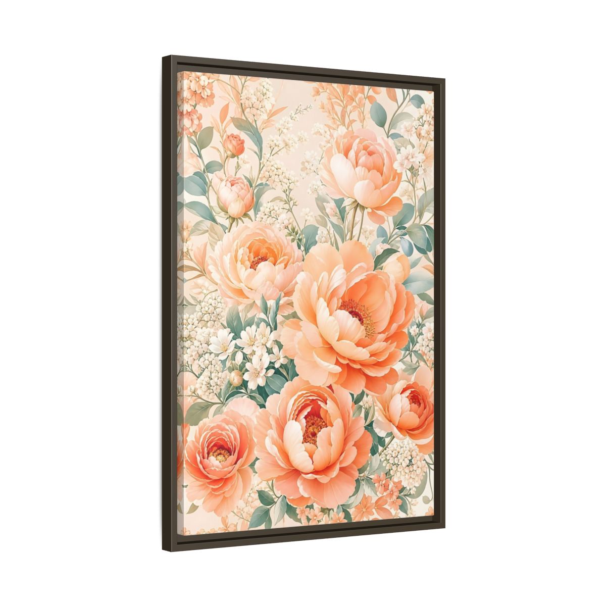 Side Mockup 11. Floral Peonies Peach Floral shown as framed canvas print