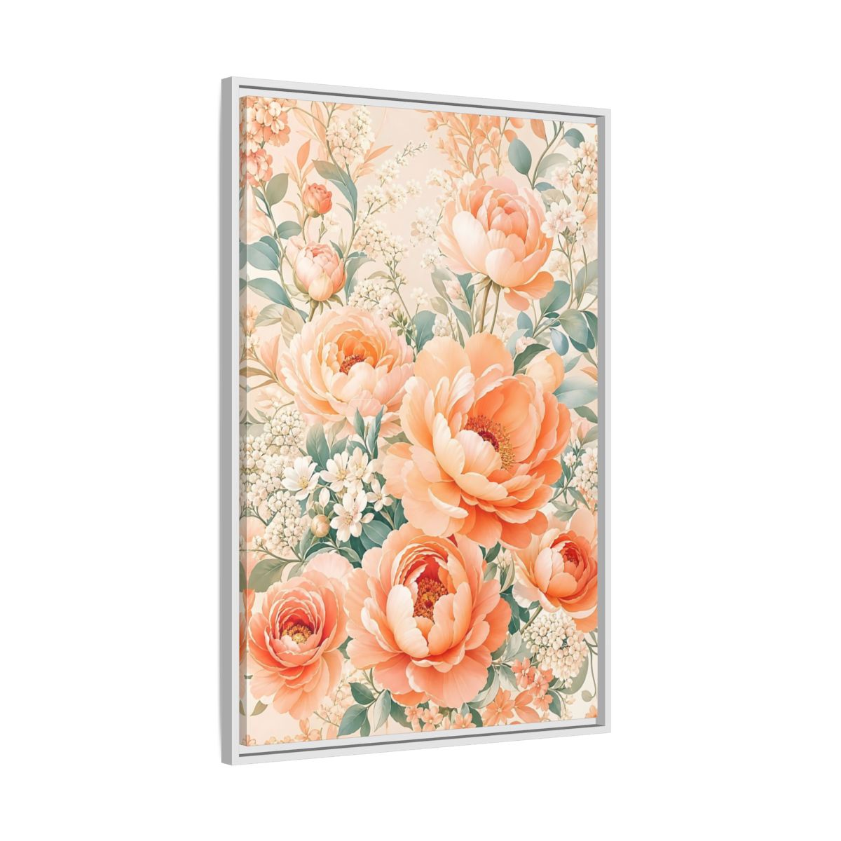 Side Mockup 9. Floral Peonies Peach Floral shown as framed canvas print