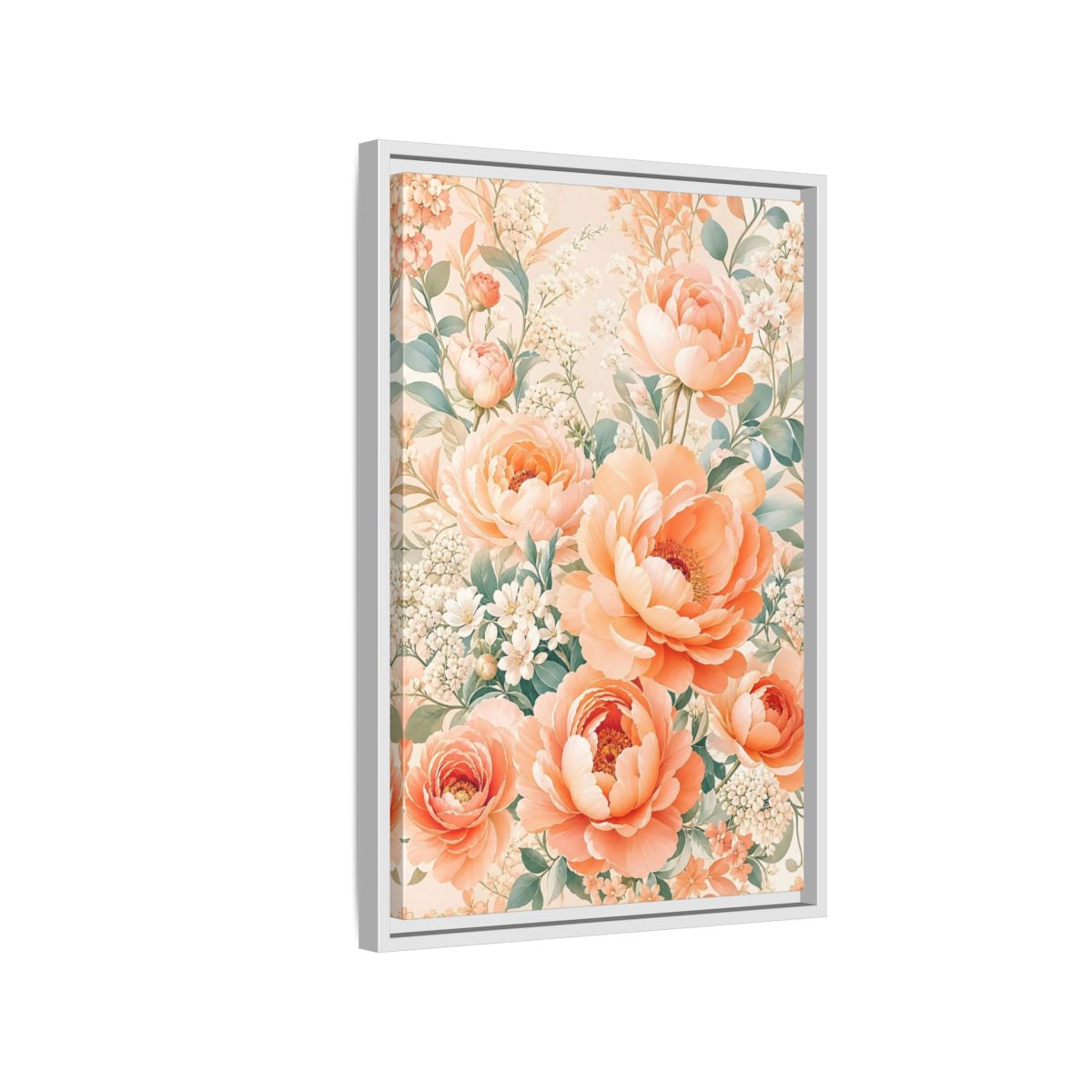 Side Mockup 1. Floral Peonies Peach Floral shown as framed canvas print