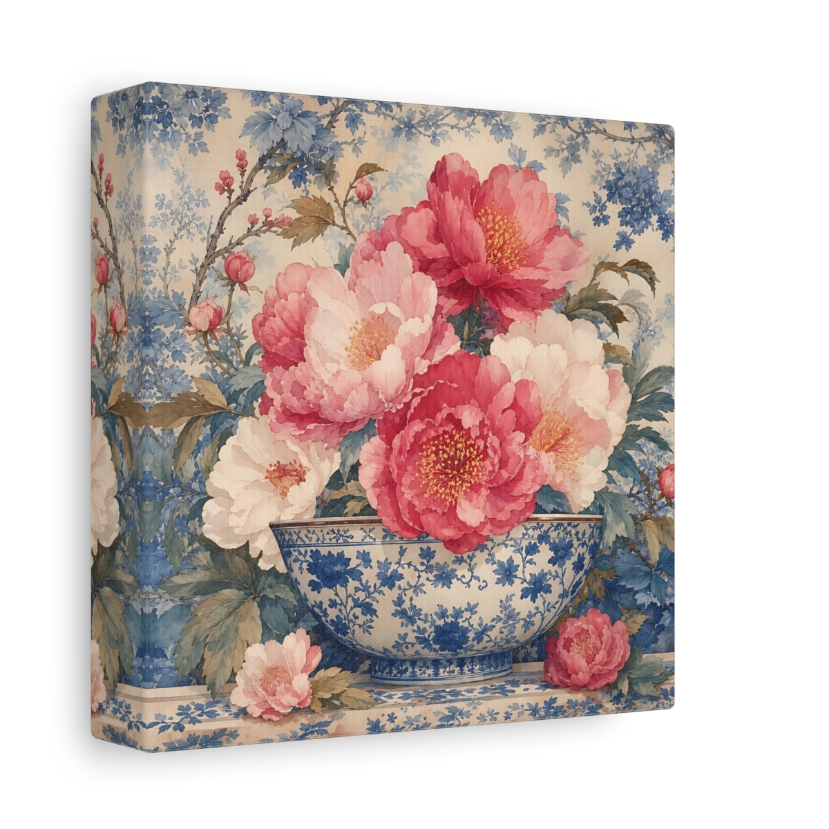 Side Mockup 2. Floral Peonies Pink And Blue Floral shown as stretched canvas wall art