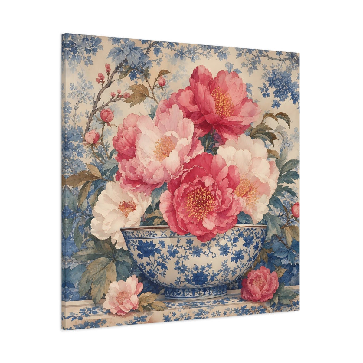 Side Mockup 1. Floral Peonies Pink And Blue Floral shown as stretched canvas wall art