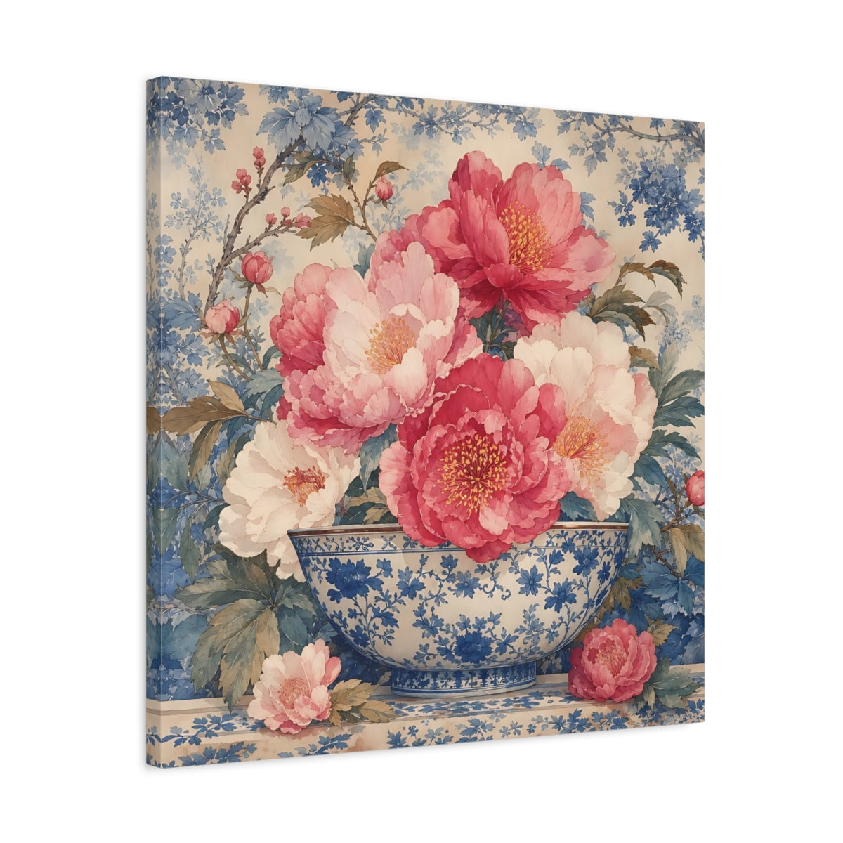 Side Mockup 4. Floral Peonies Pink And Blue Floral shown as stretched canvas wall art