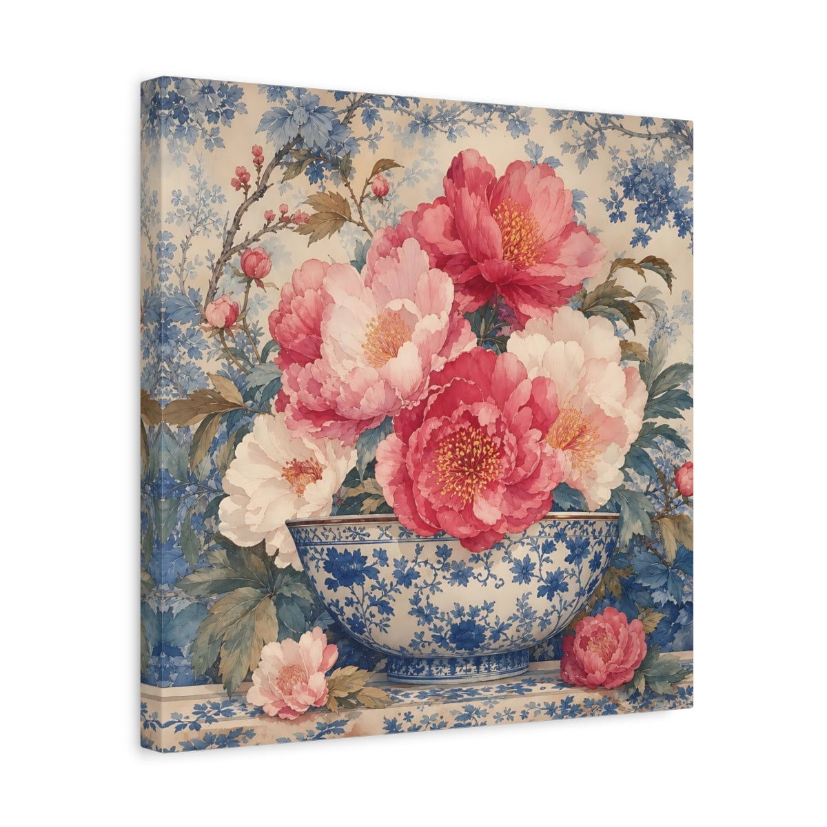 Side Mockup 6. Floral Peonies Pink And Blue Floral shown as stretched canvas wall art