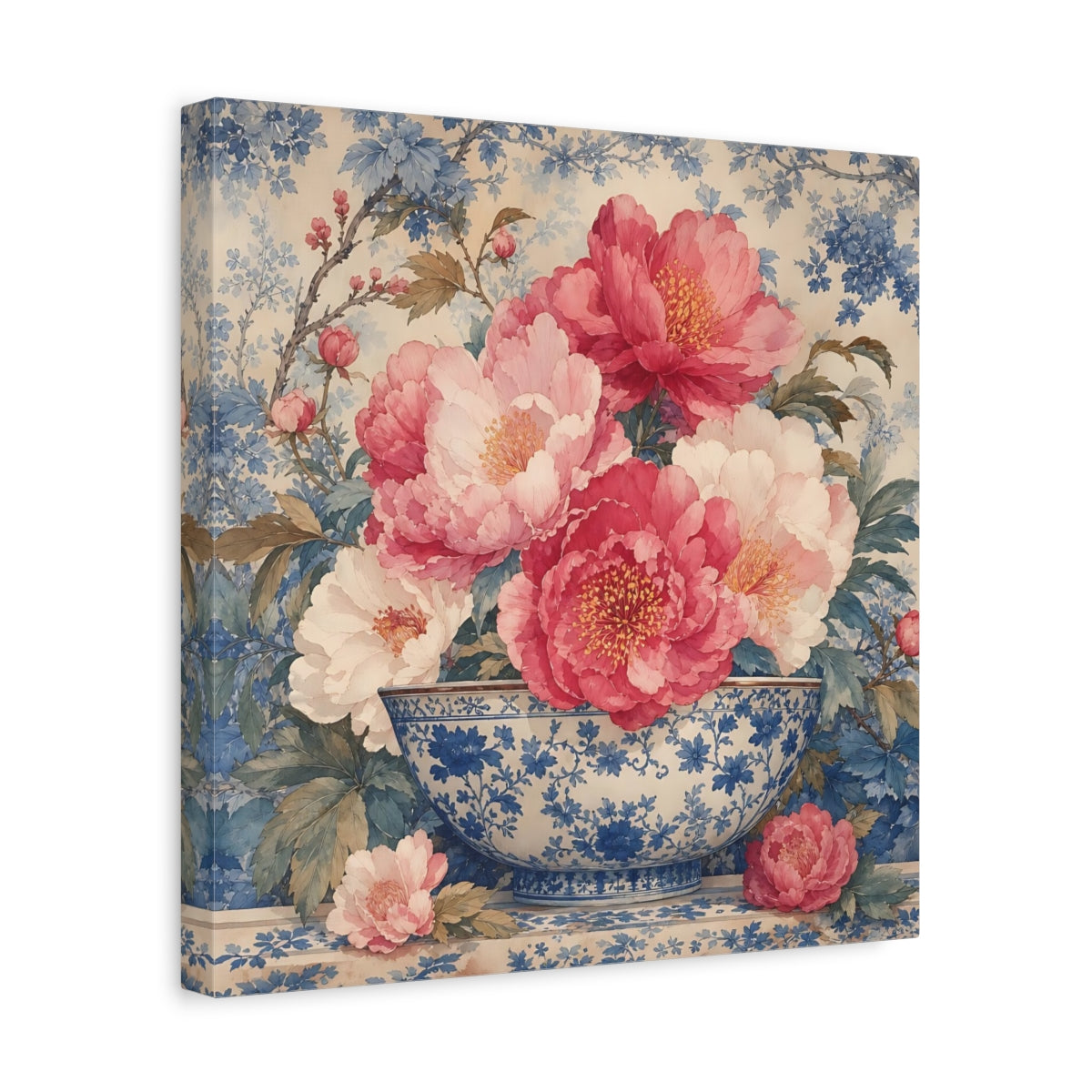 Side Mockup 7. Floral Peonies Pink And Blue Floral shown as stretched canvas wall art