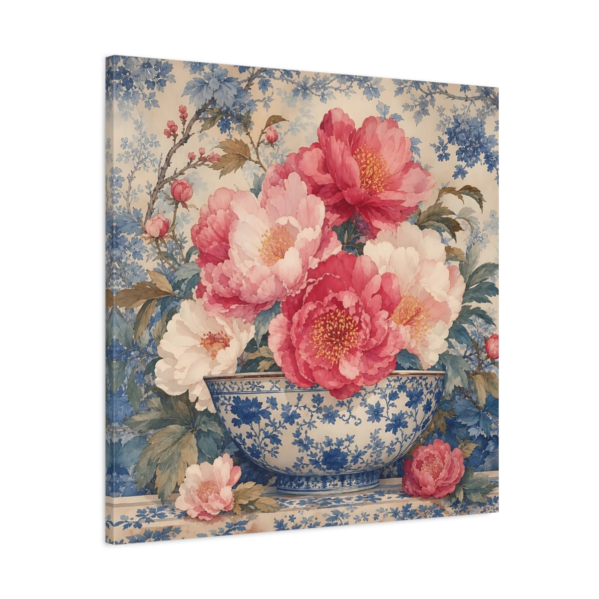 Side Mockup 3. Floral Peonies Pink And Blue Floral shown as stretched canvas wall art