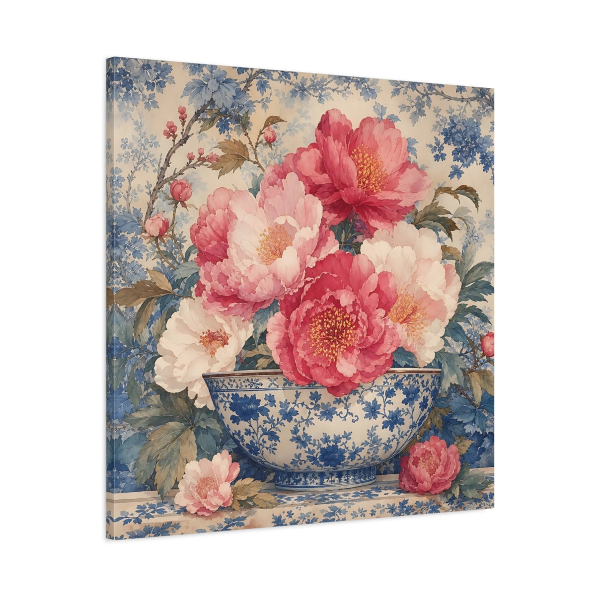 Main Mockup. Floral Peonies Pink And Blue Floral shown as stretched canvas wall art
