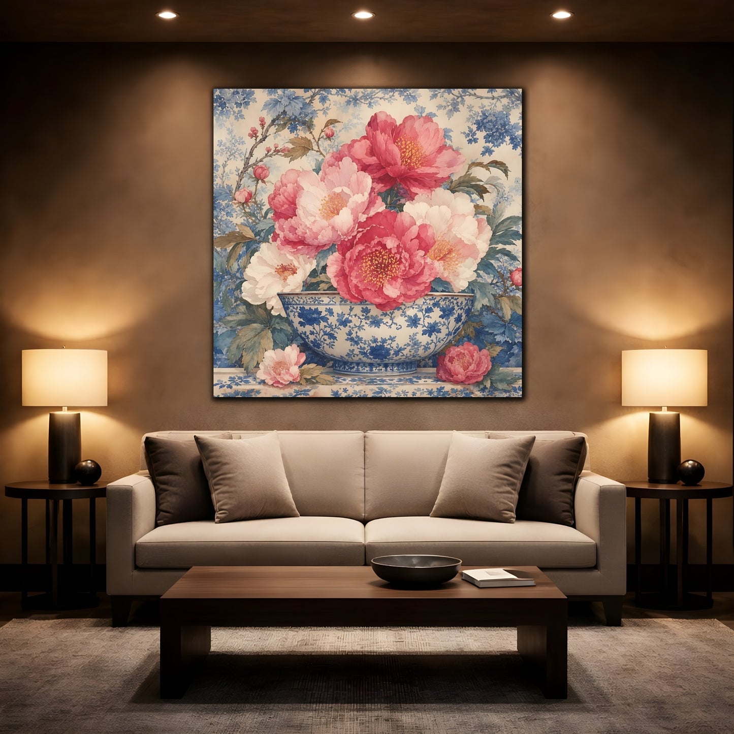 Mockup 2. Floral Peonies Pink And Blue Floral shown as stretched canvas wall art