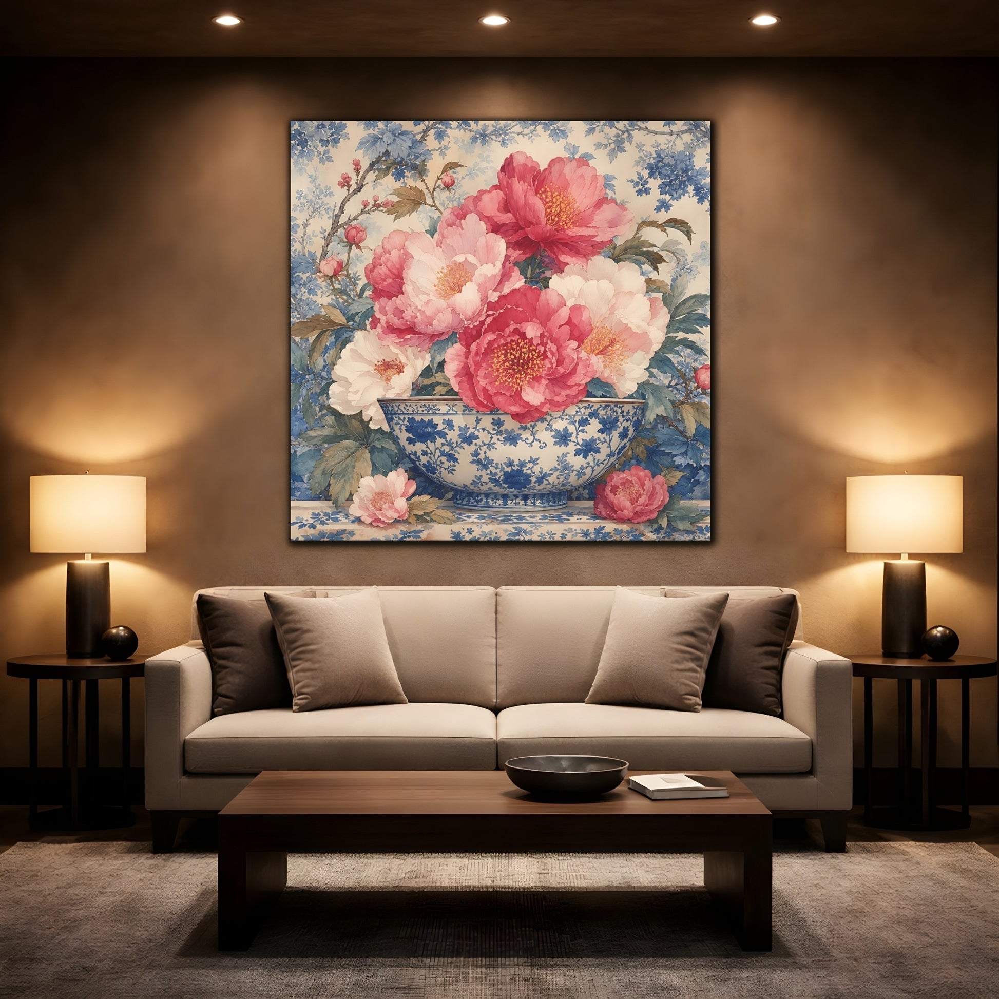 Mockup 2. Floral Peonies Pink And Blue Floral shown as stretched canvas wall art