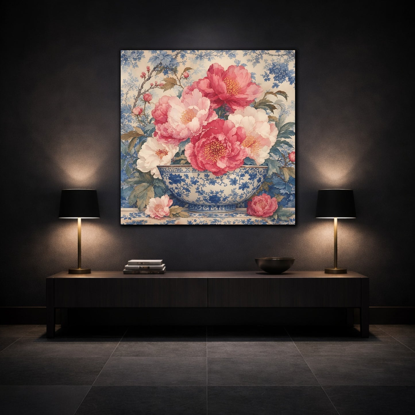 Mockup 3. Floral Peonies Pink And Blue Floral shown as stretched canvas wall art