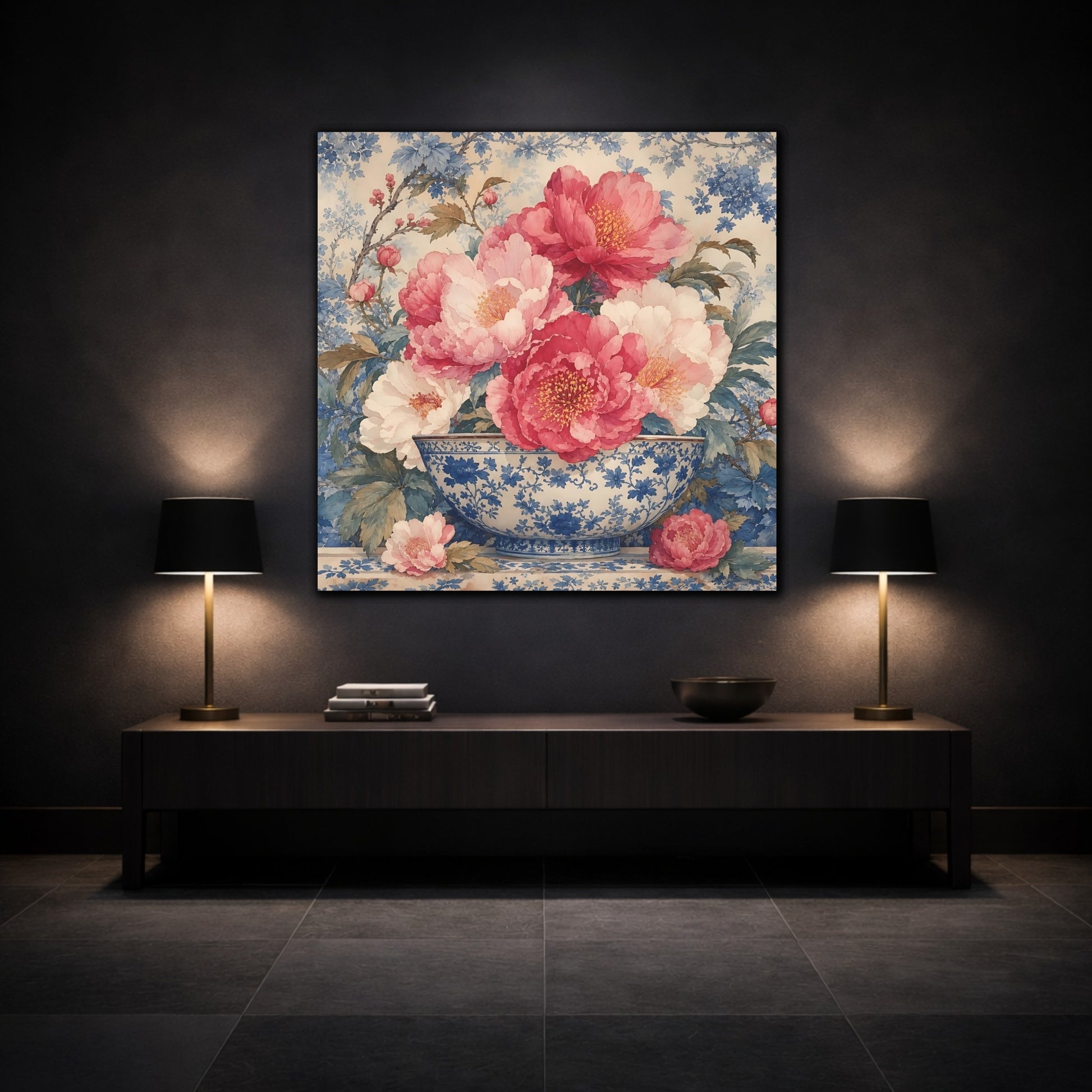 Mockup 3. Floral Peonies Pink And Blue Floral shown as stretched canvas wall art