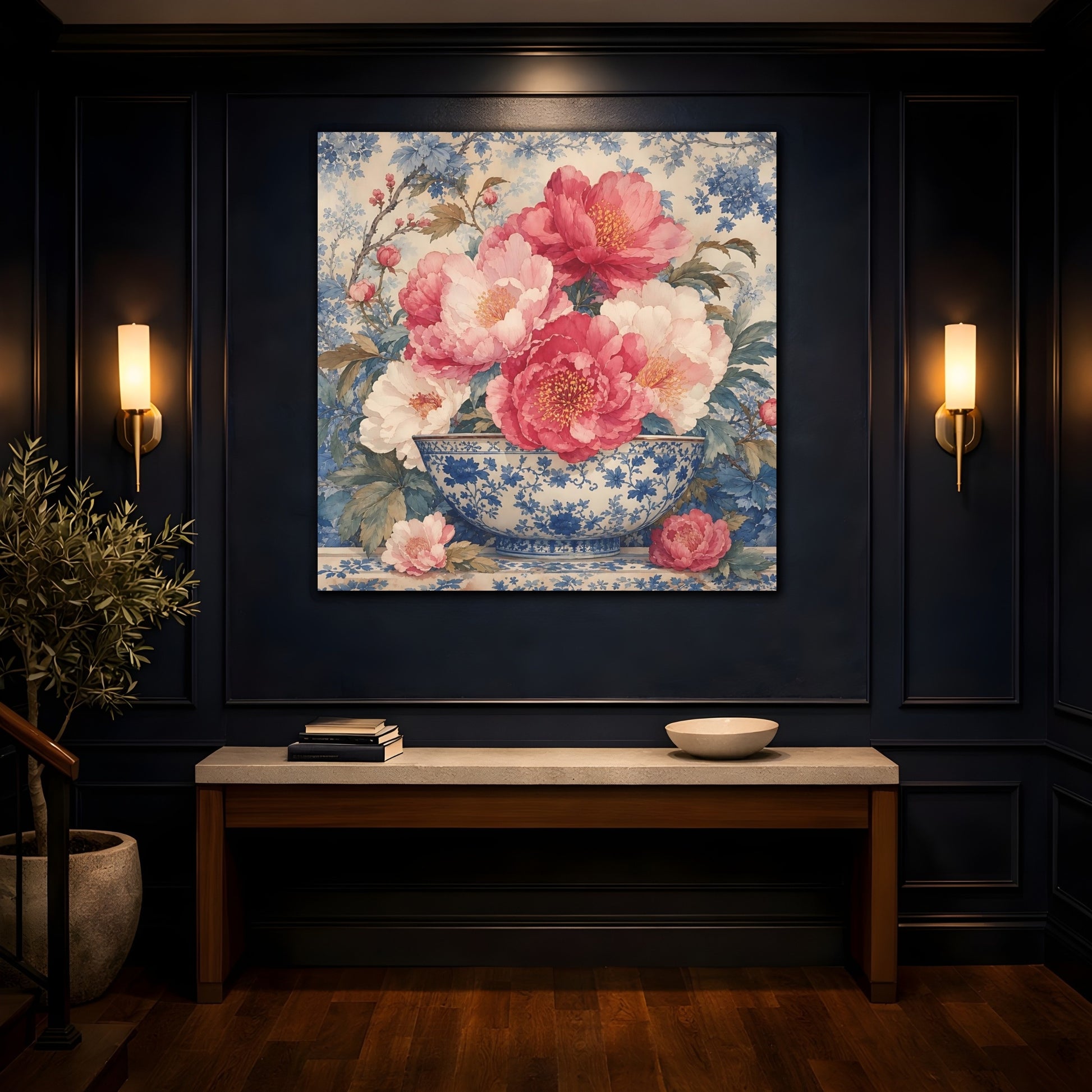 Mockup 4. Floral Peonies Pink And Blue Floral shown as stretched canvas wall art