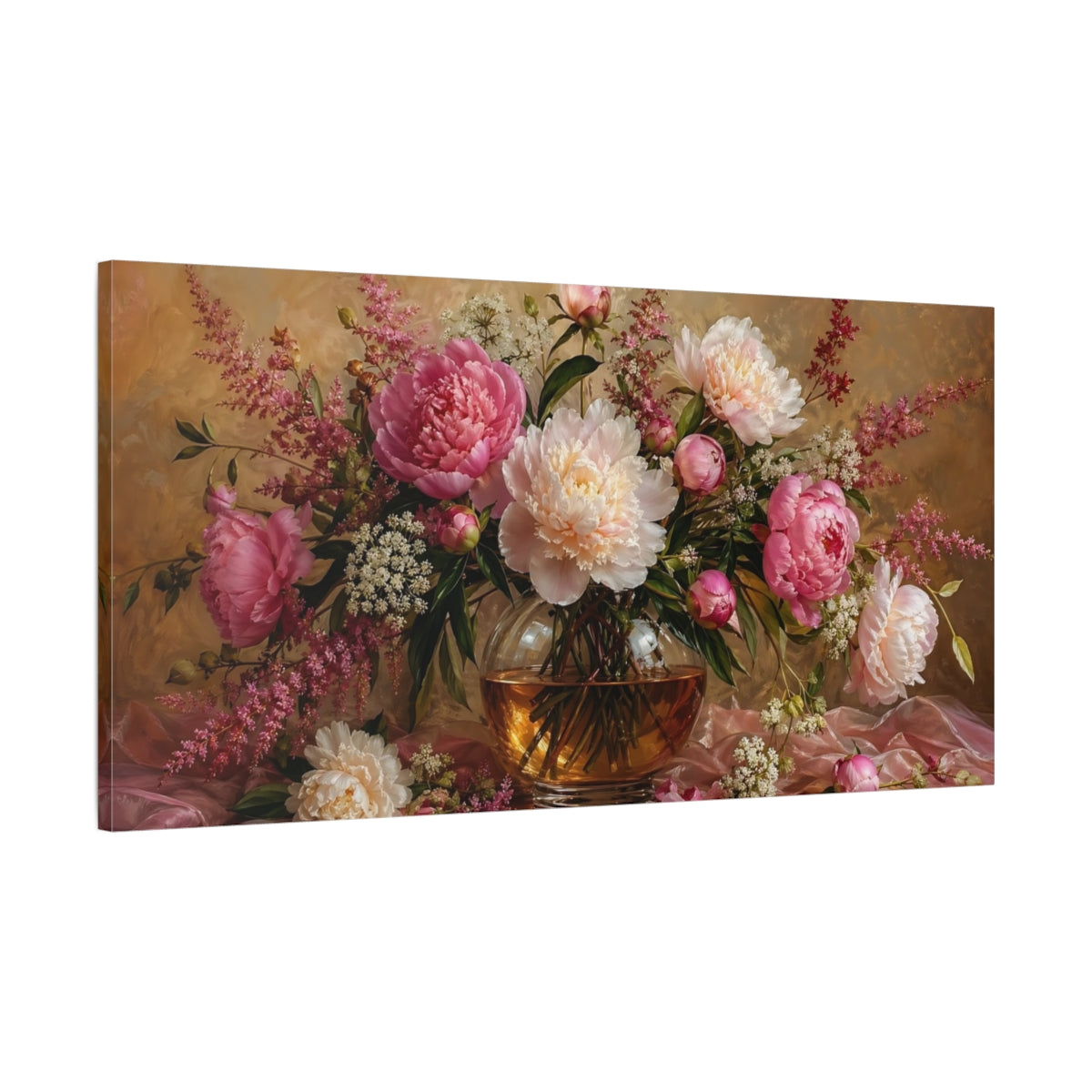 Main Mockup. Floral Peonies Pink And Gold shown as stretched canvas wall art