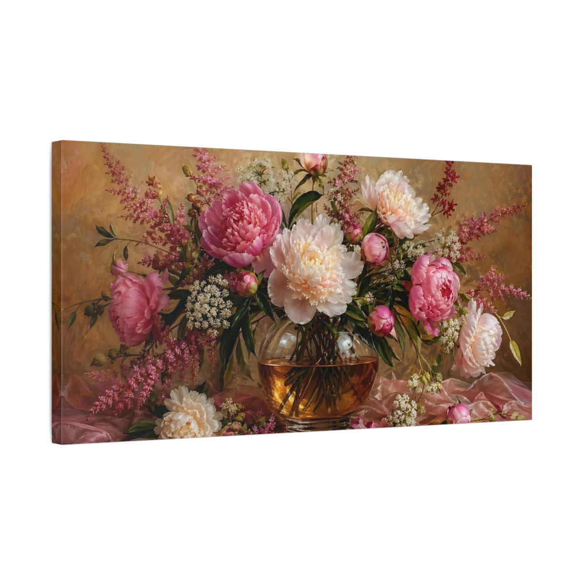 Side Mockup 1. Floral Peonies Pink And Gold shown as stretched canvas wall art